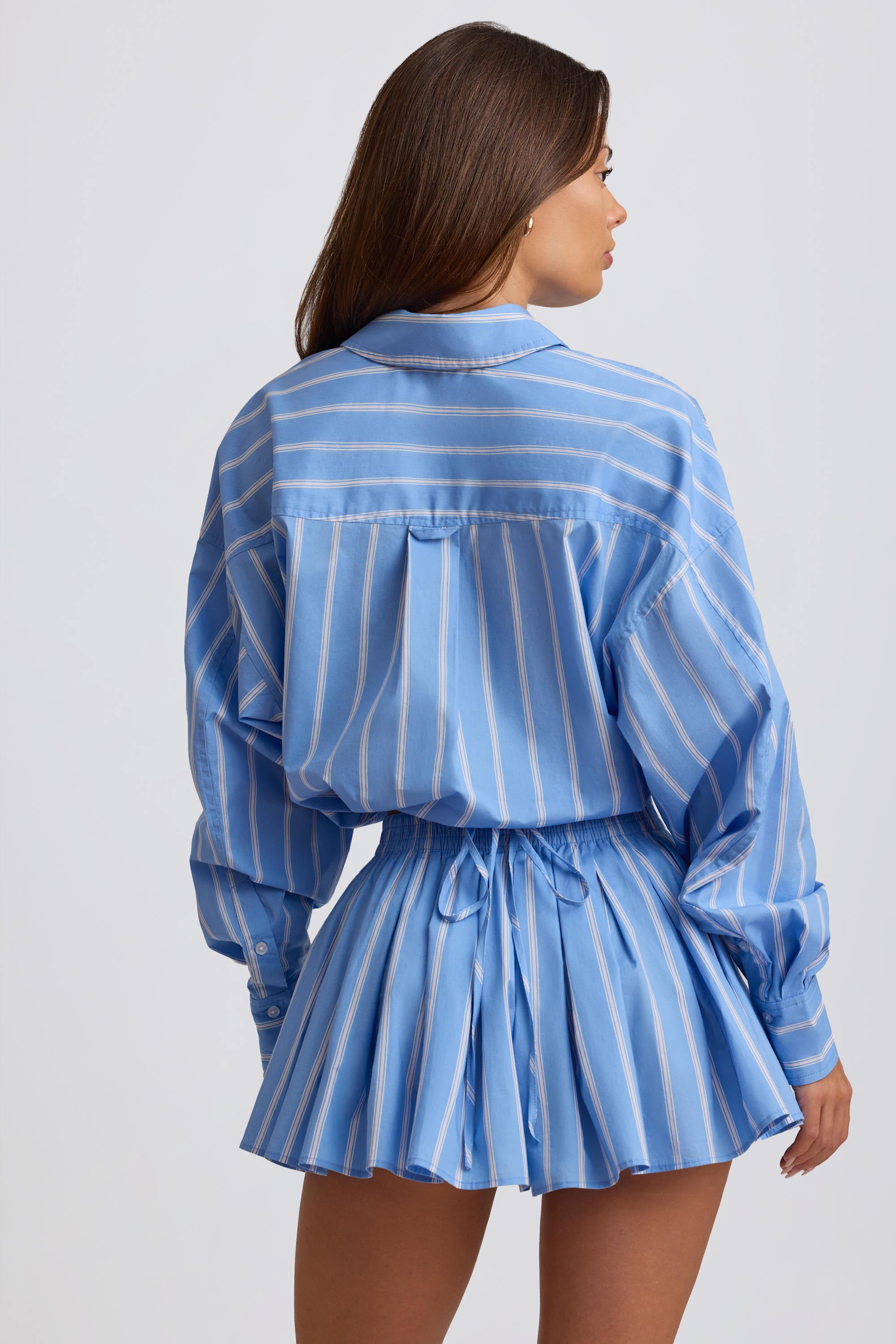 Cotton Poplin Stripe Pleated Shorts in Blue Stripe