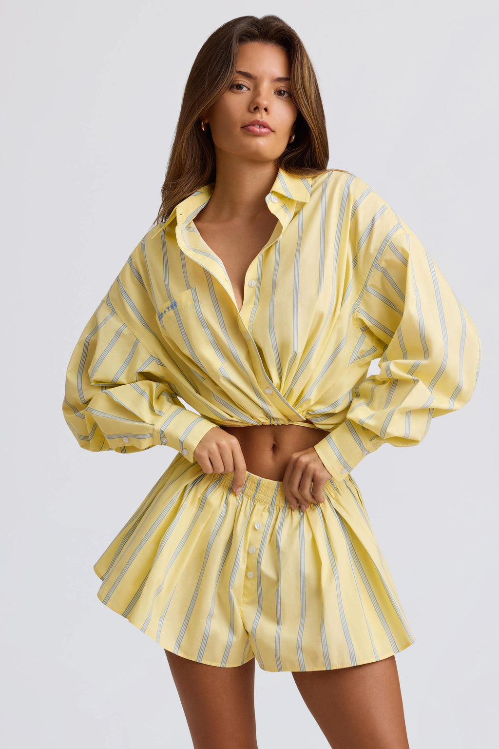 Cotton Poplin Stripe Pleated Shorts in Yellow Stripe
