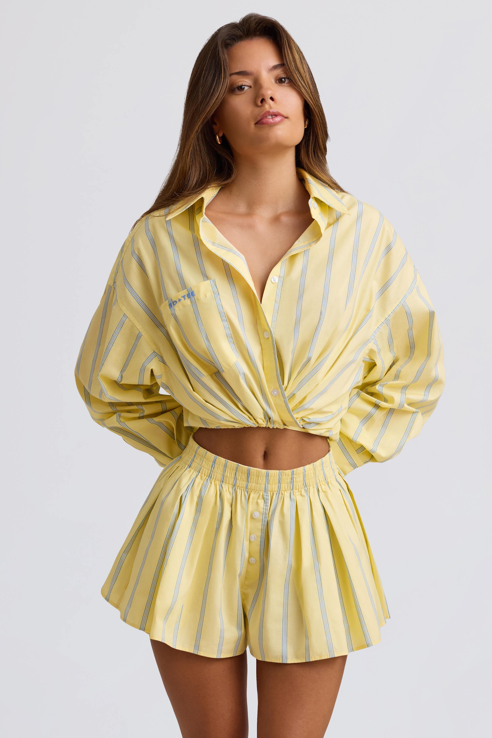 Cotton Poplin Stripe Pleated Shorts in Yellow Stripe
