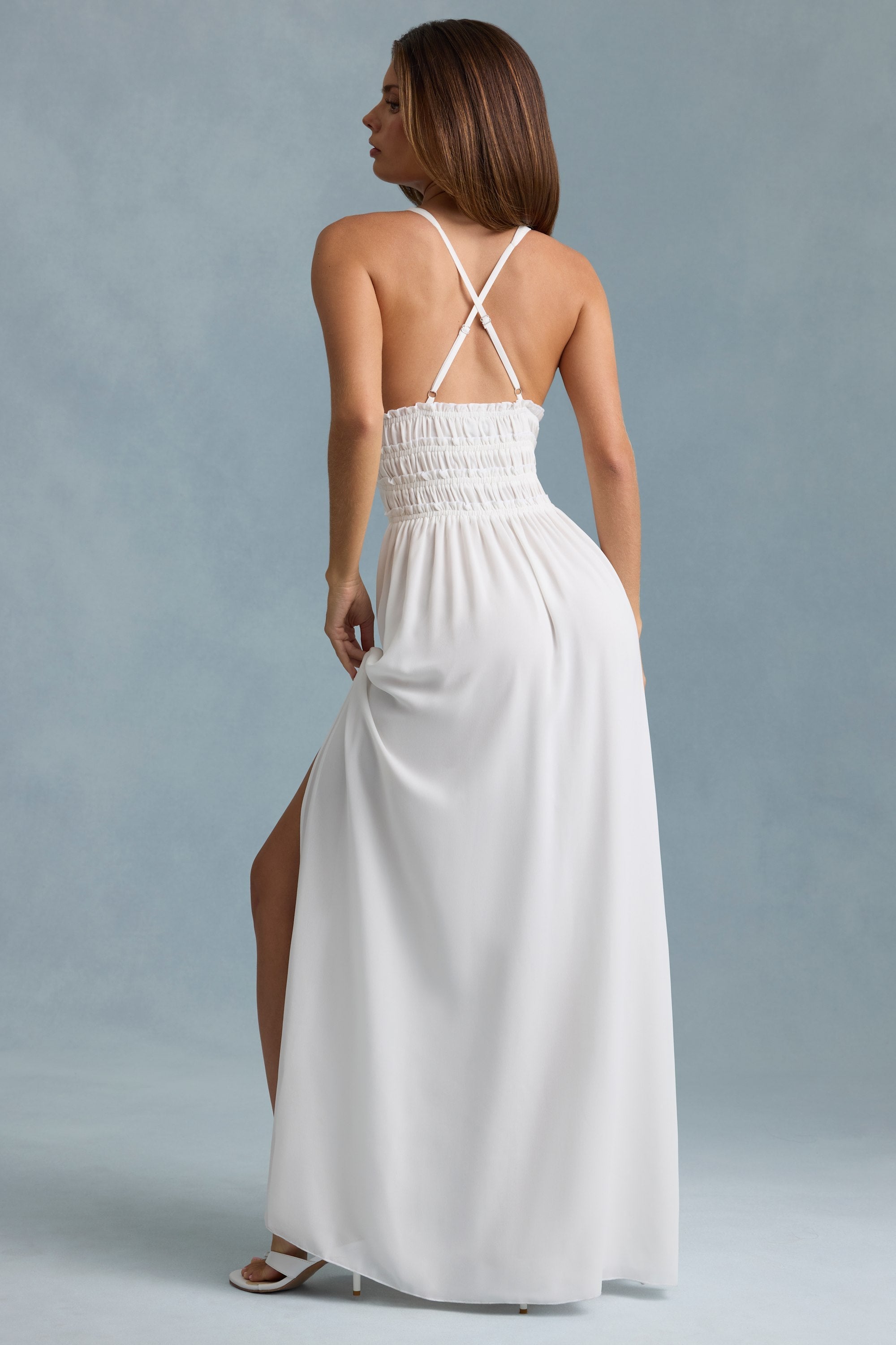 Plunge Cross-Back Maxi Dress in White