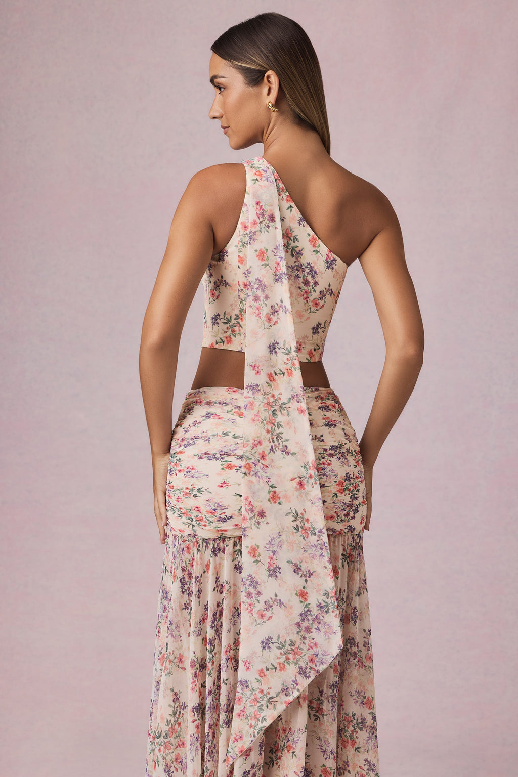 Scarf-Detail One-Shoulder Top in Primrose Floral Print
