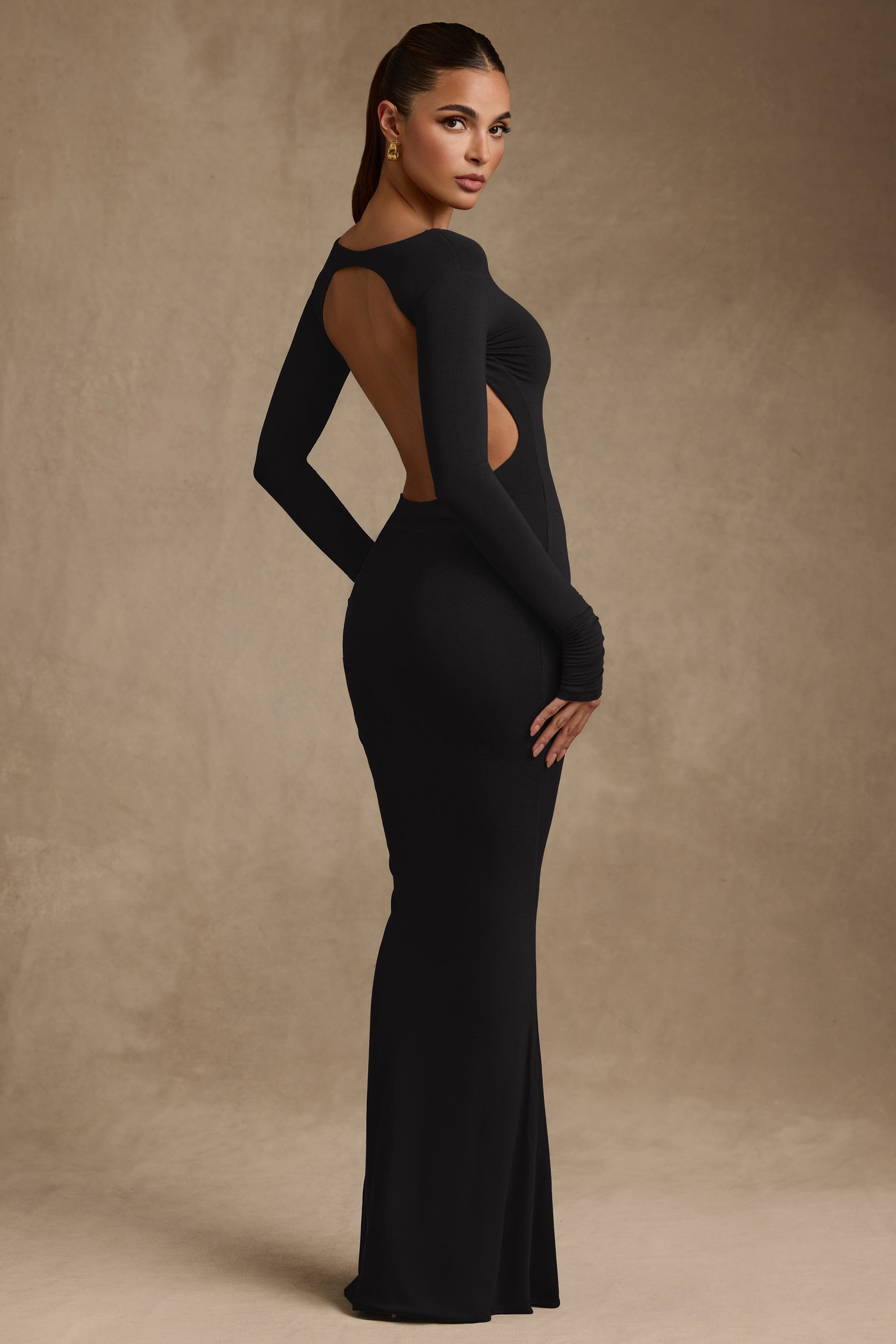 Modal Ruched Backless Maxi Dress in Black