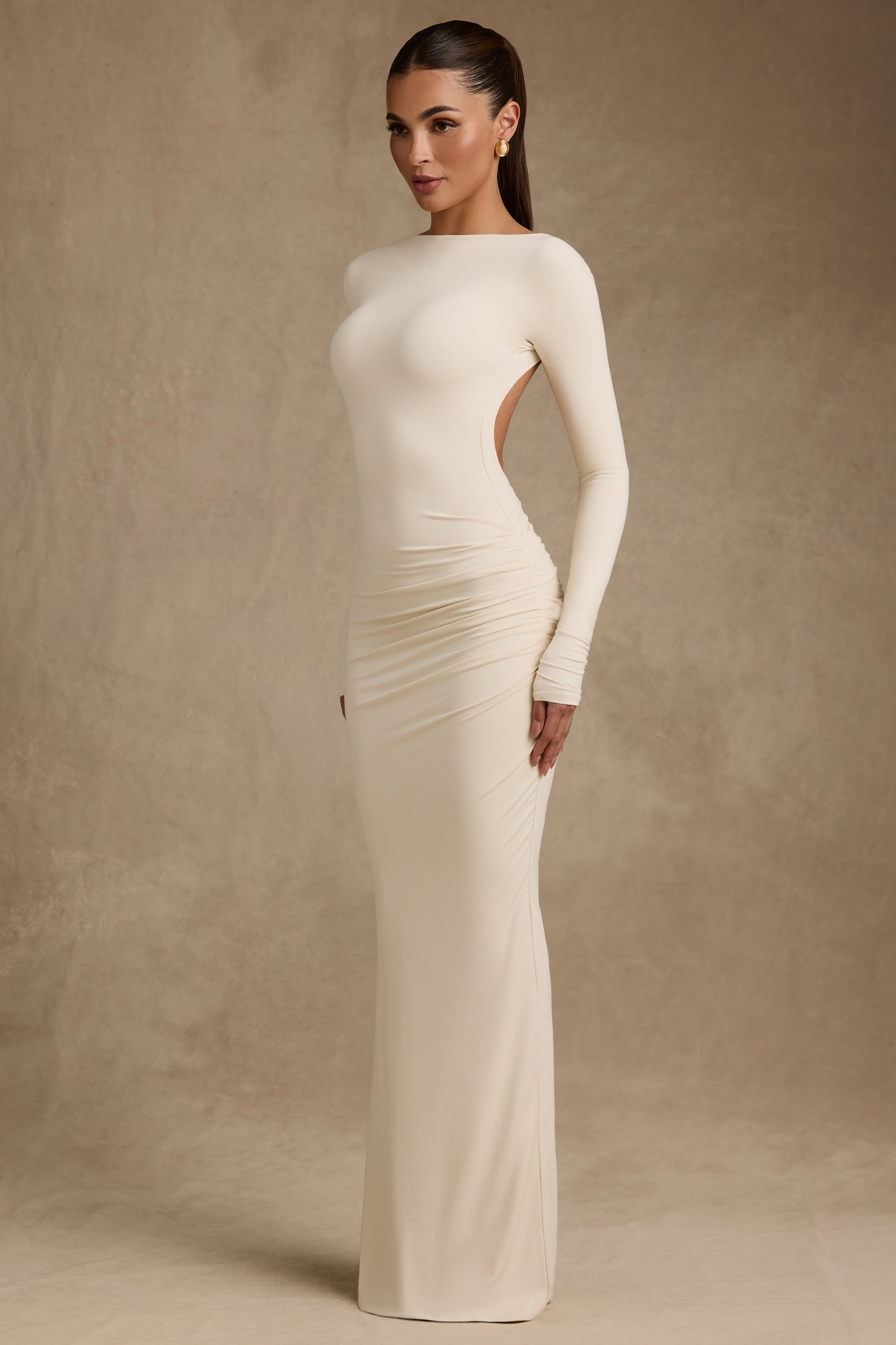 Modal Ruched Backless Maxi Dress in Ivory