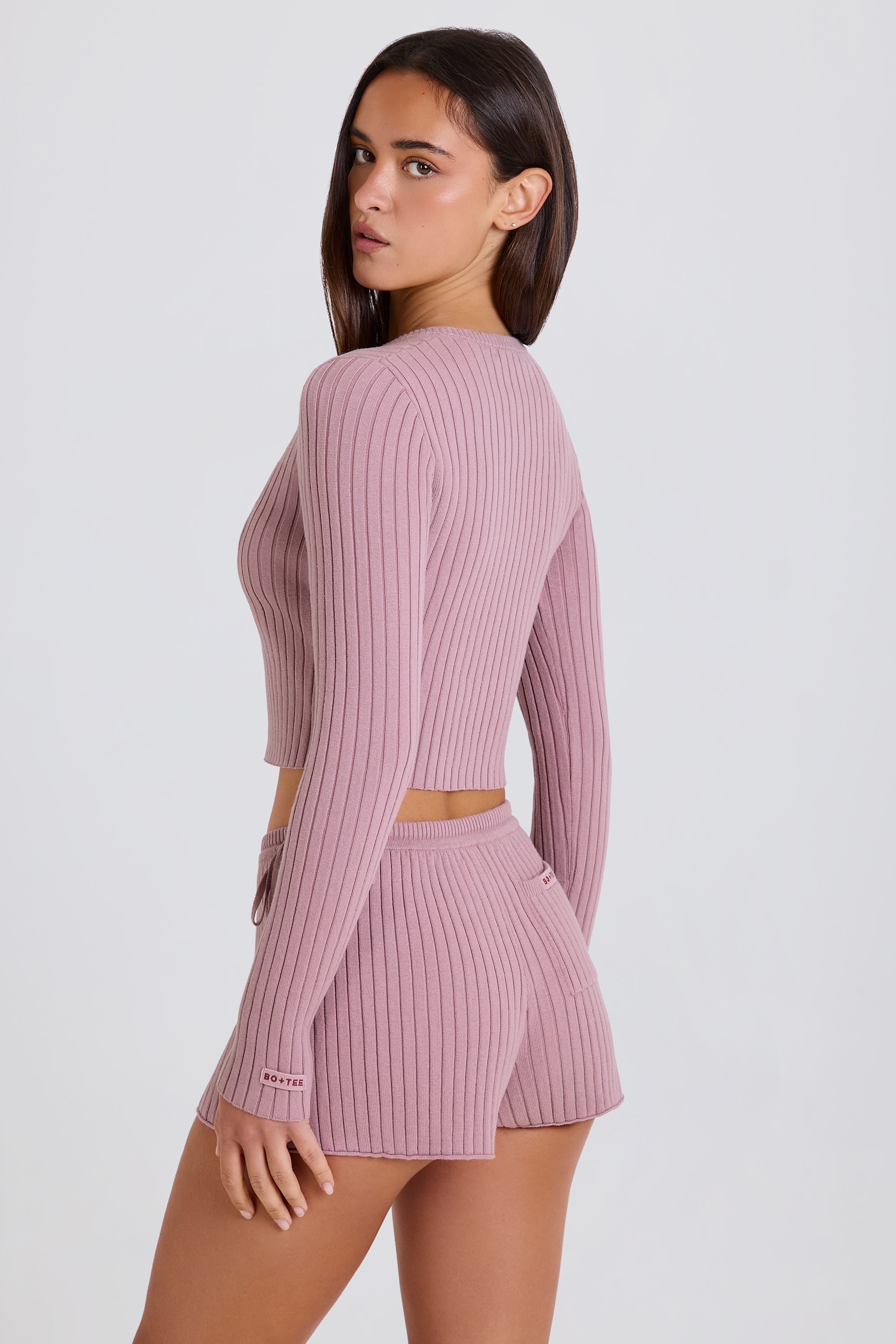 Ribbed Knit Button Cardigan in Mauve