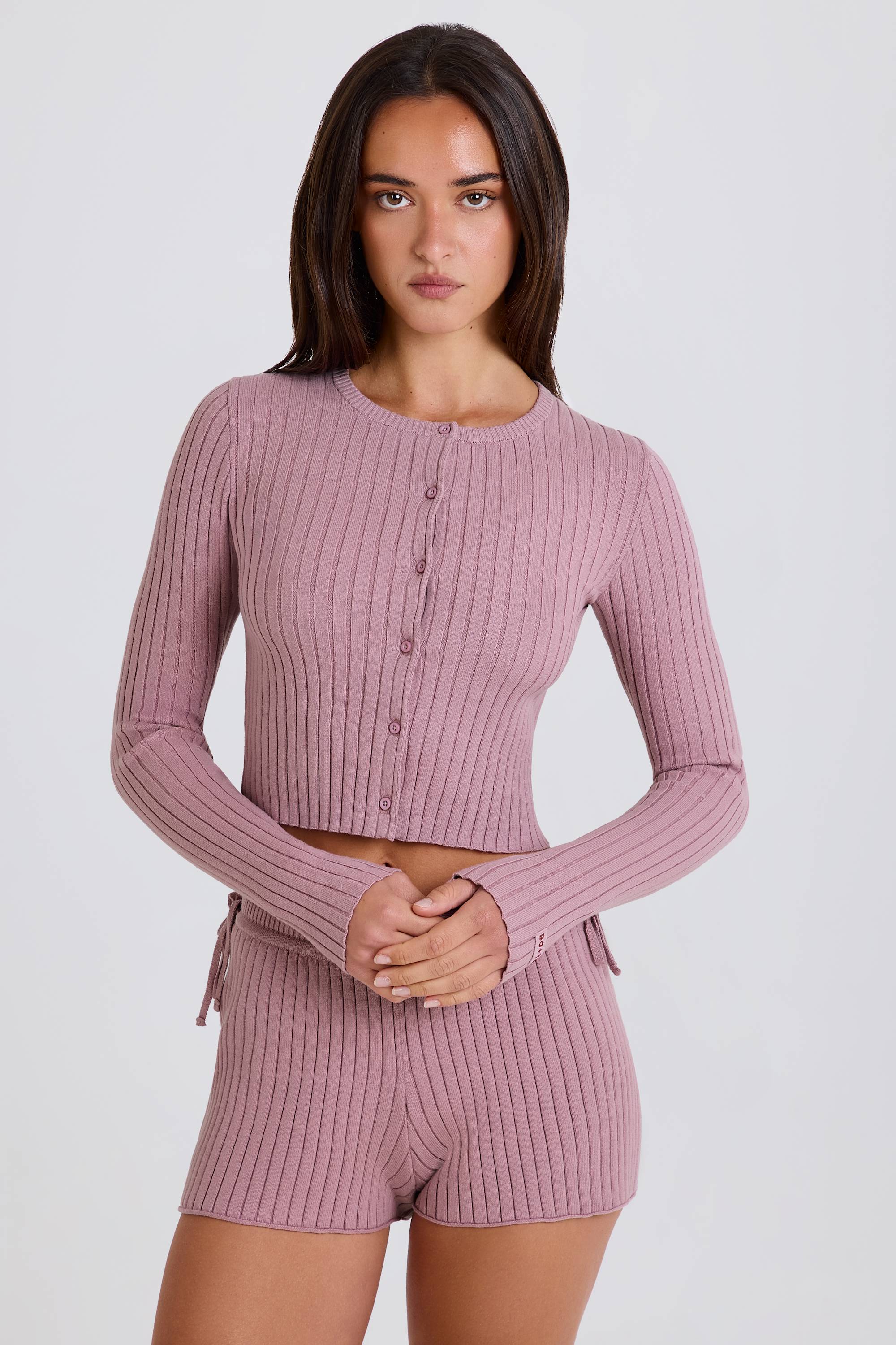 Ribbed Knit Button Cardigan in Mauve