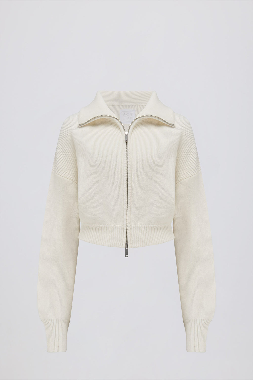 Ribbed Knit Zip-Up Cropped Sweatshirt in Ivory
