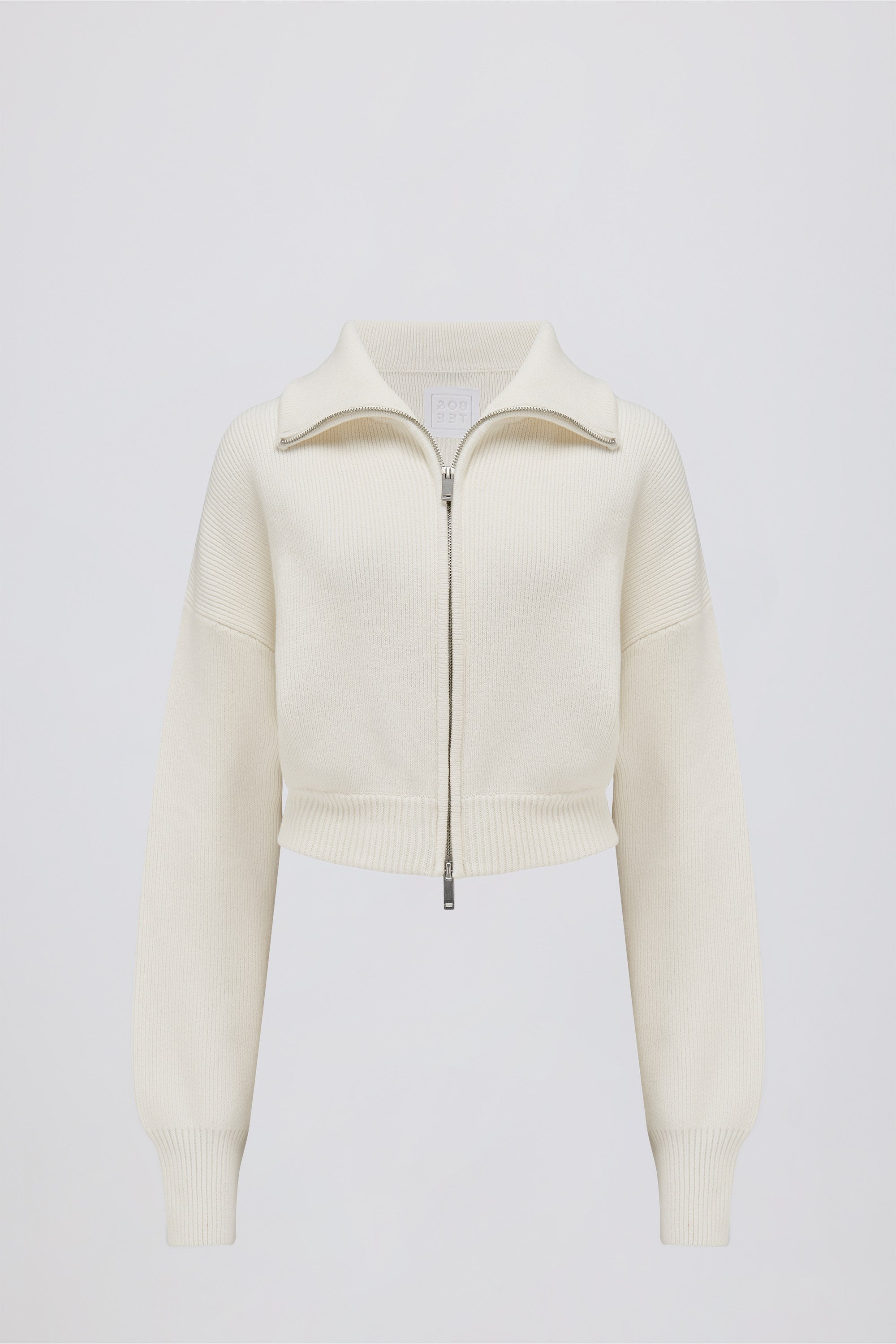 Ribbed Knit Zip-Up Cropped Sweatshirt in Ivory
