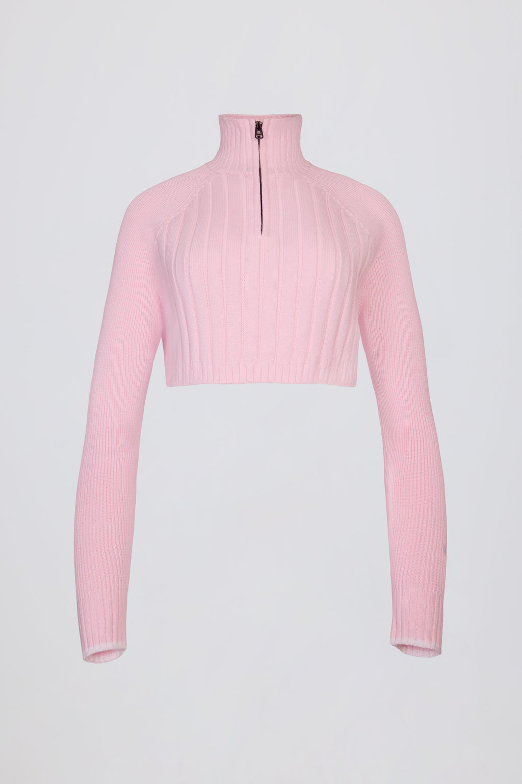 Ribbed Knit Quarter-Zip Cropped Jumper in Powder Pink