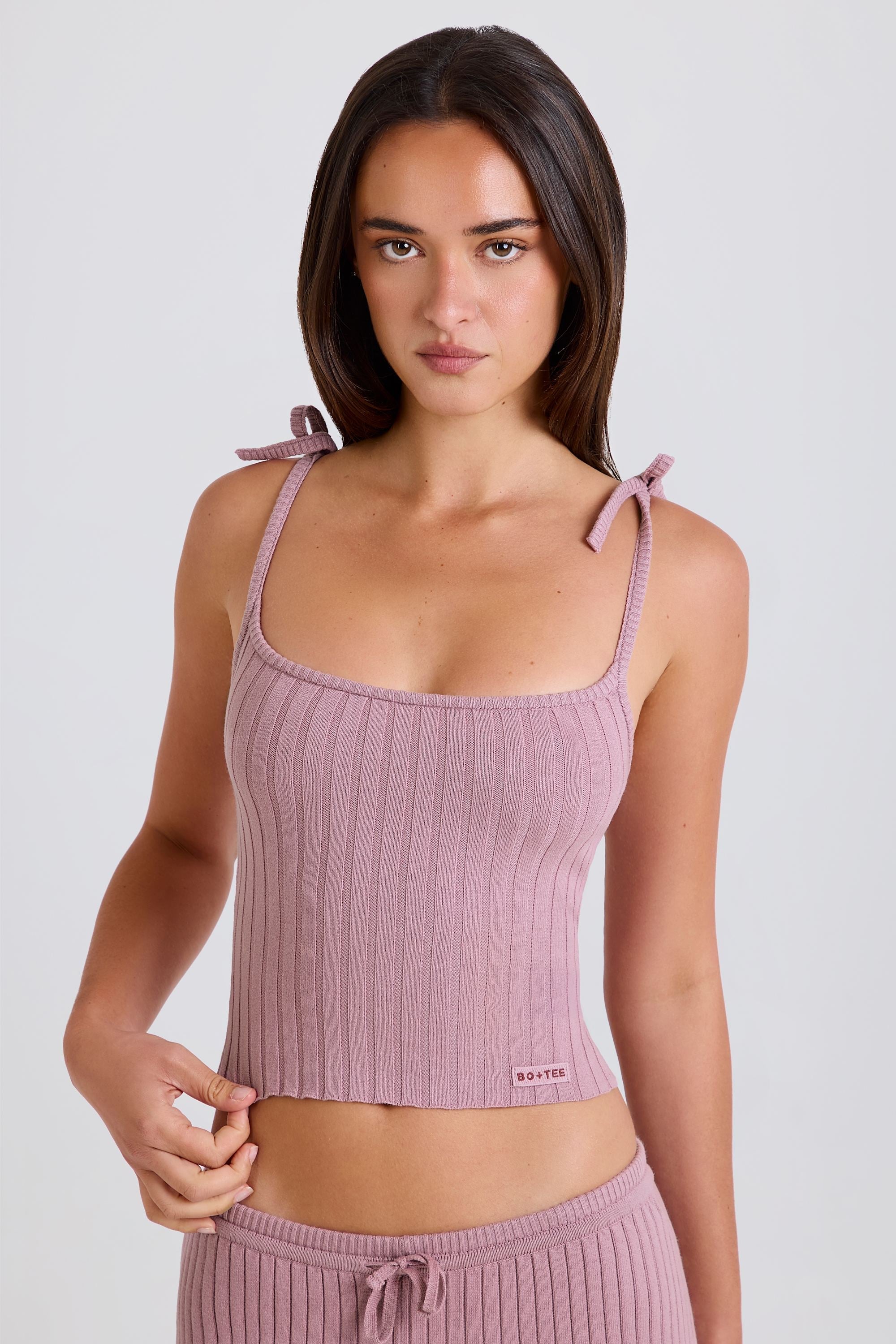 Ribbed Knit Tie Tank Top in Mauve