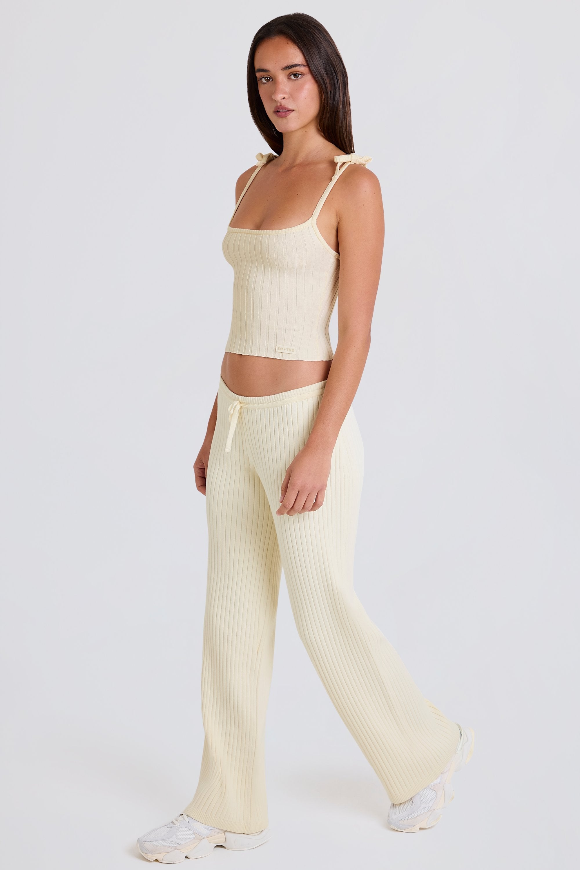 Ribbed Knit Wide-Leg Joggers in Cream