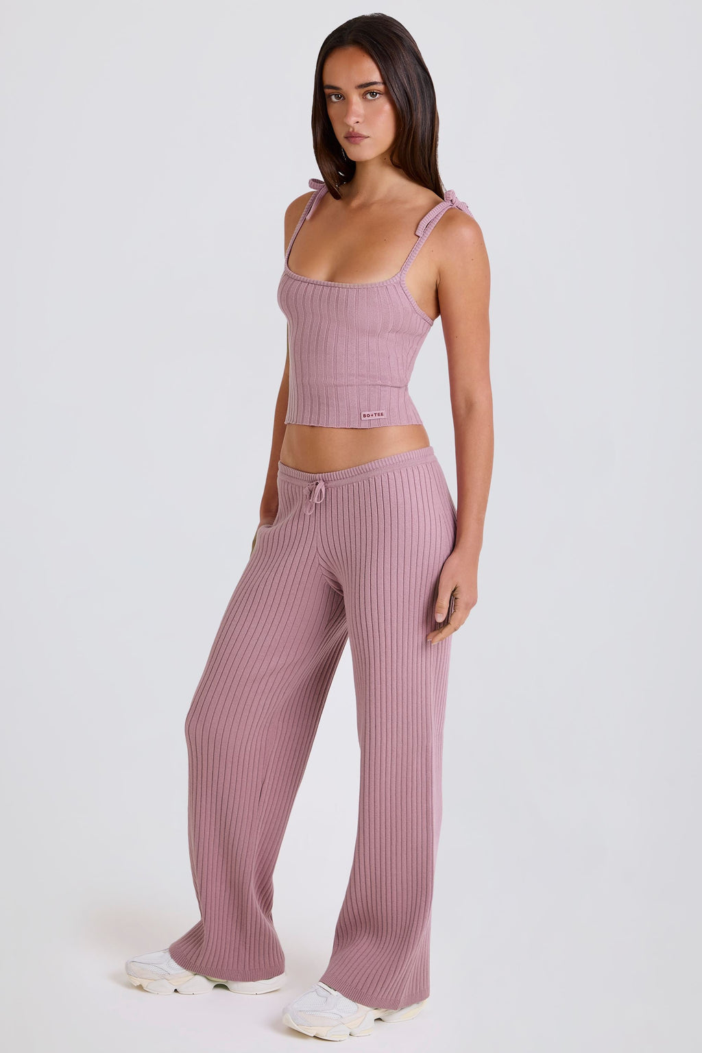 Ribbed Knit Wide-Leg Joggers in Mauve