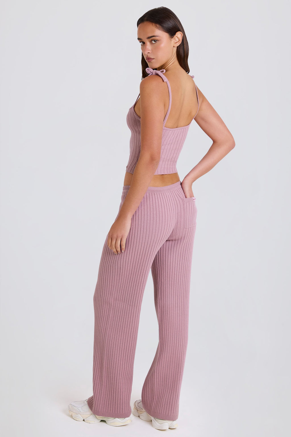 Ribbed Knit Wide-Leg Joggers in Mauve
