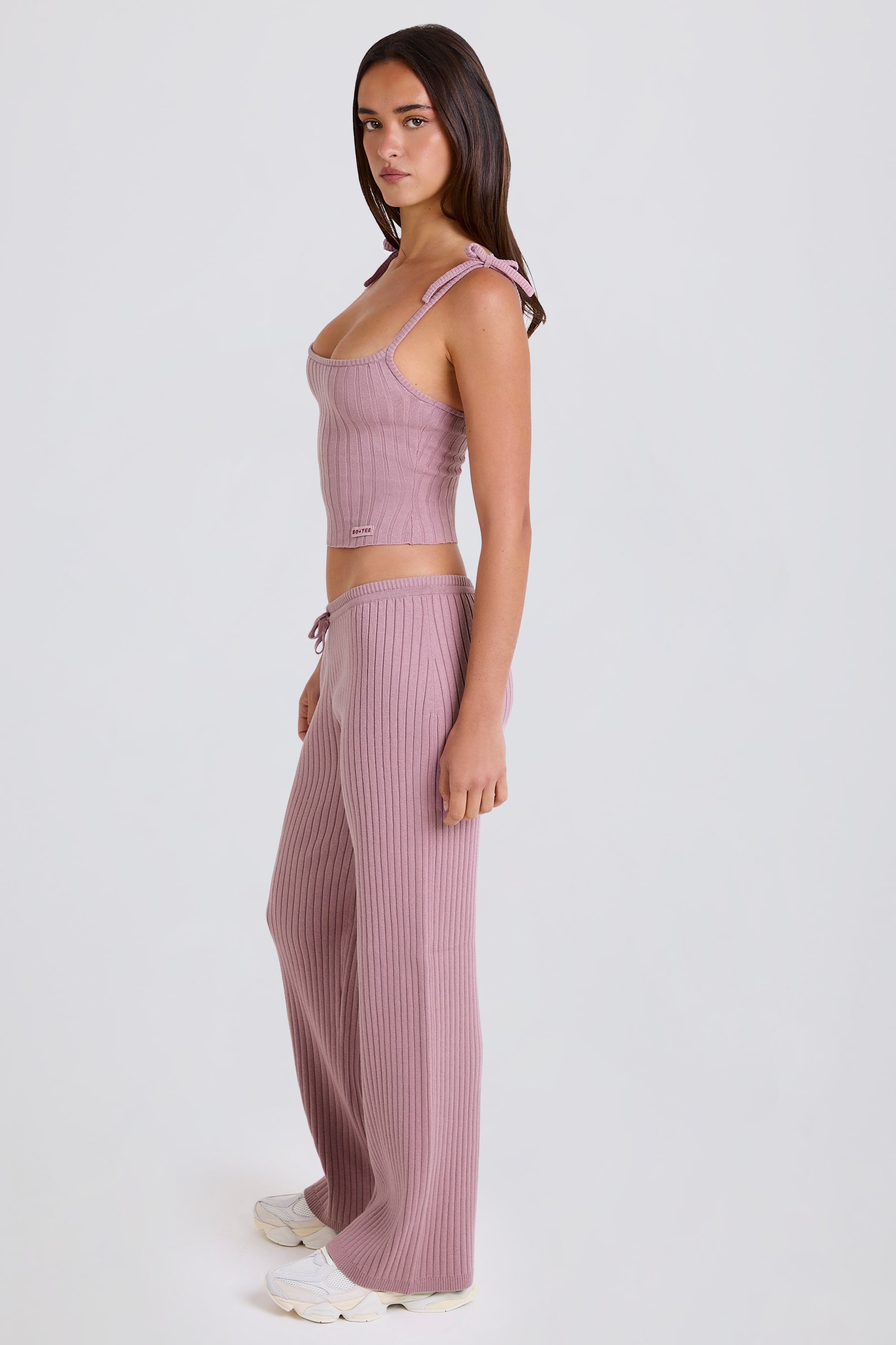 Ribbed Knit Wide-Leg Joggers in Mauve
