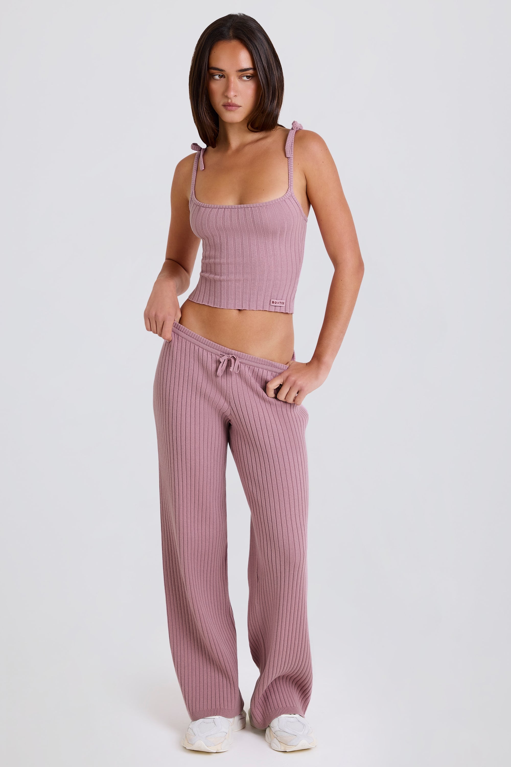 Ribbed Knit Wide-Leg Joggers in Mauve