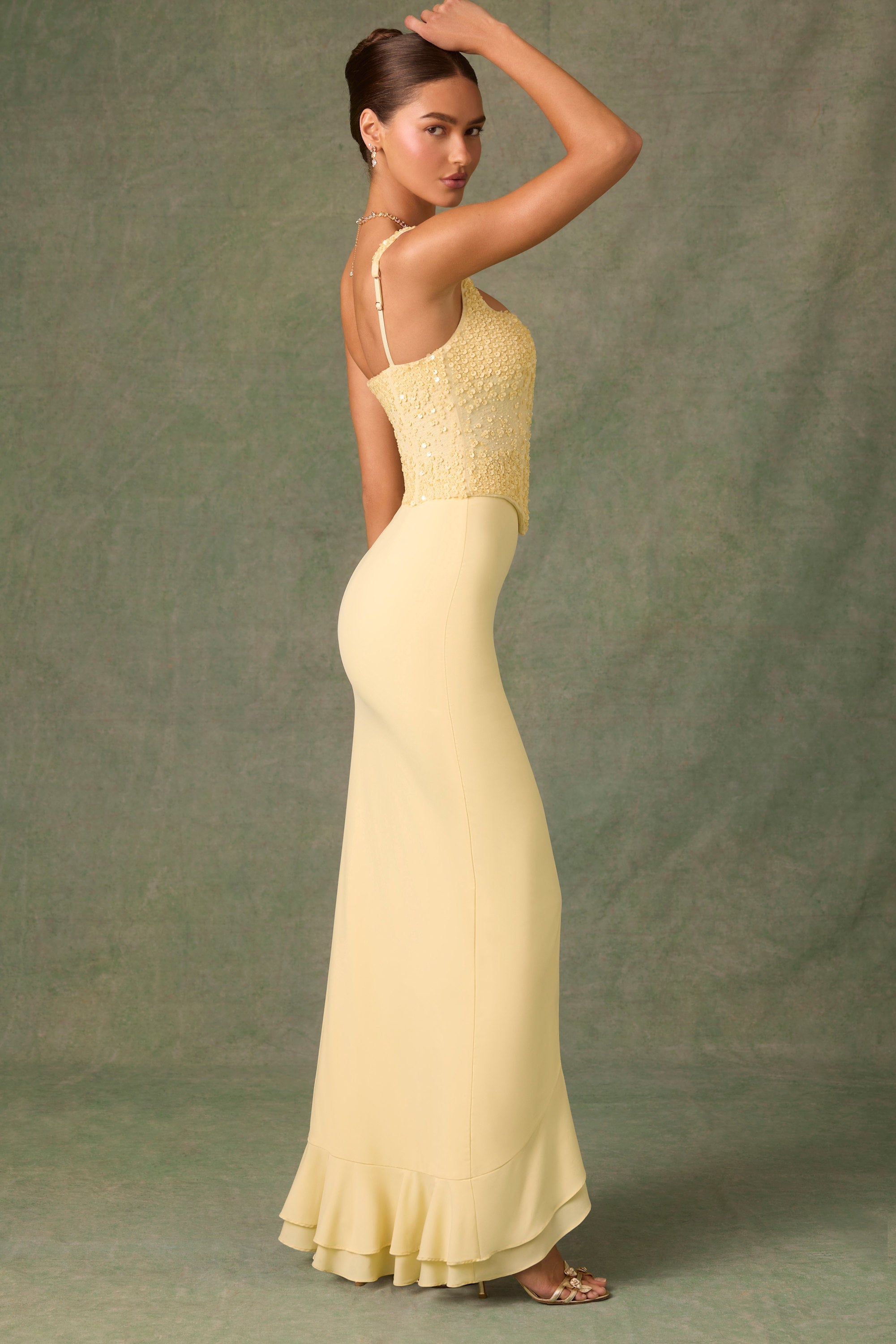 Embellished Ruffle-Trim Corset Gown in Yellow