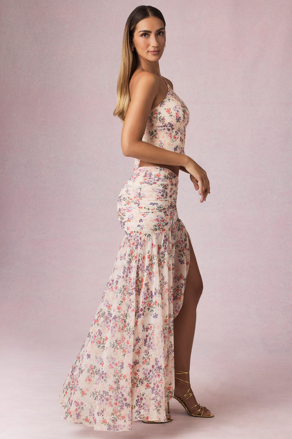 Asymmetric Ruched Maxi Skirt in Primrose Floral Print