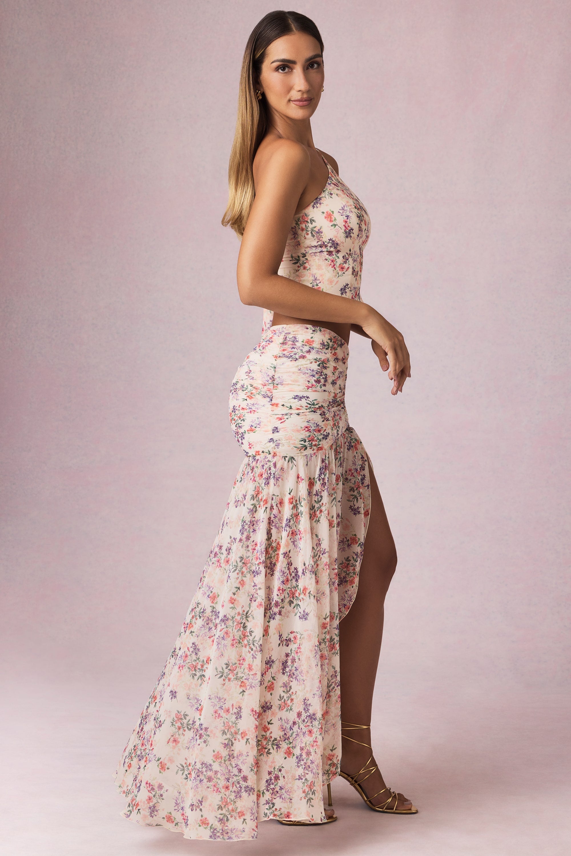 Asymmetric Ruched Maxi Skirt in Primrose Floral Print