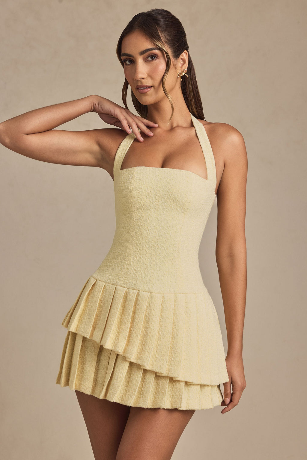 Asymmetric Layered Halterneck Mini Dress in Pastel Yellow