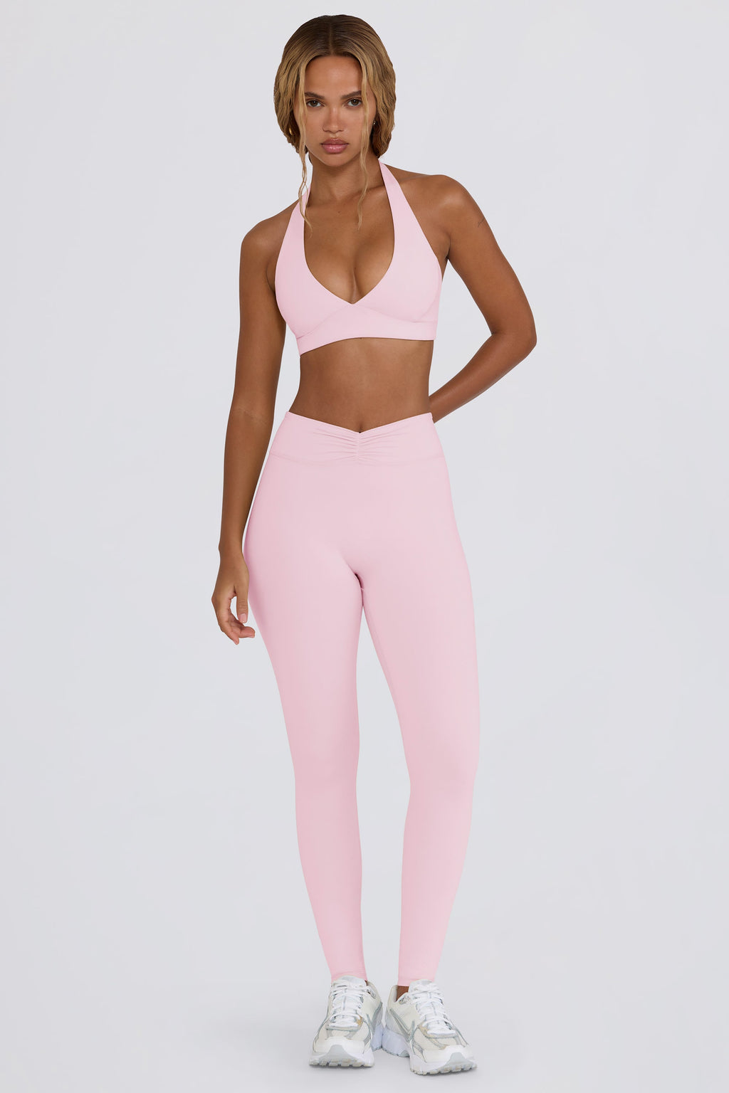 Ruched Mid-Rise Leggings in Pale Pink Marl