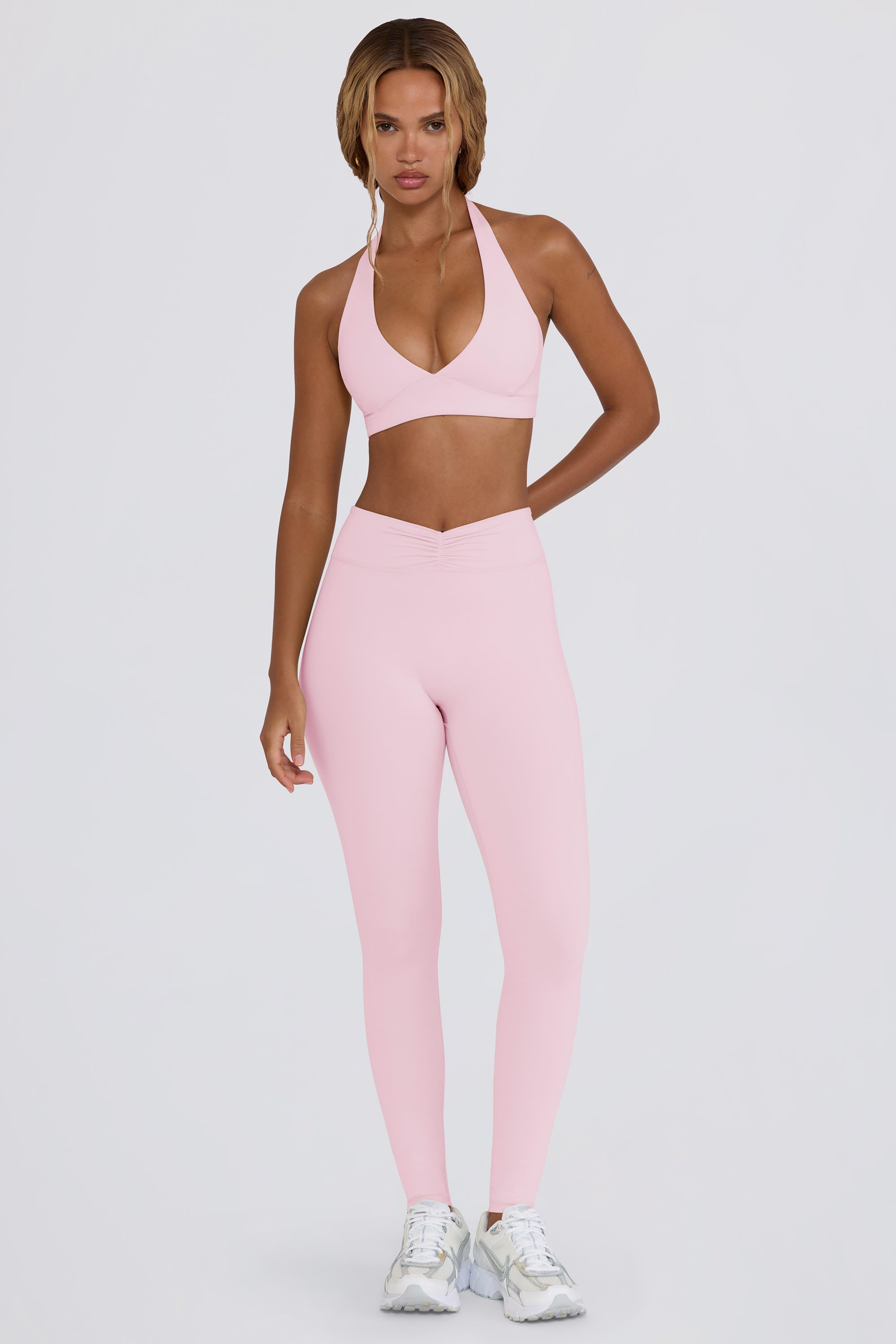 Ruched Mid-Rise Leggings in Pale Pink Marl