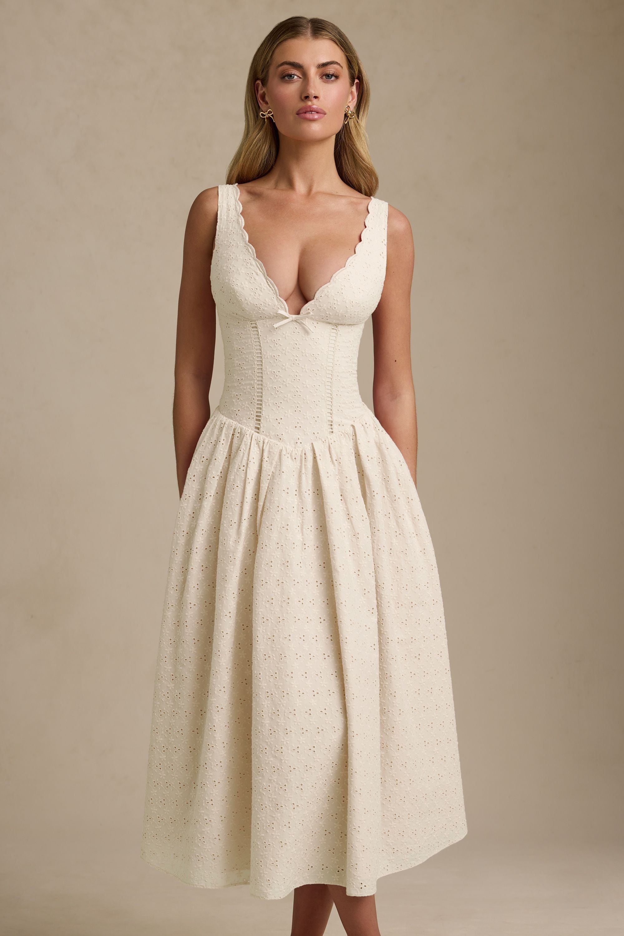 Broderie Anglaise Bow-Detail A-Line Midaxi Dress in Ivory