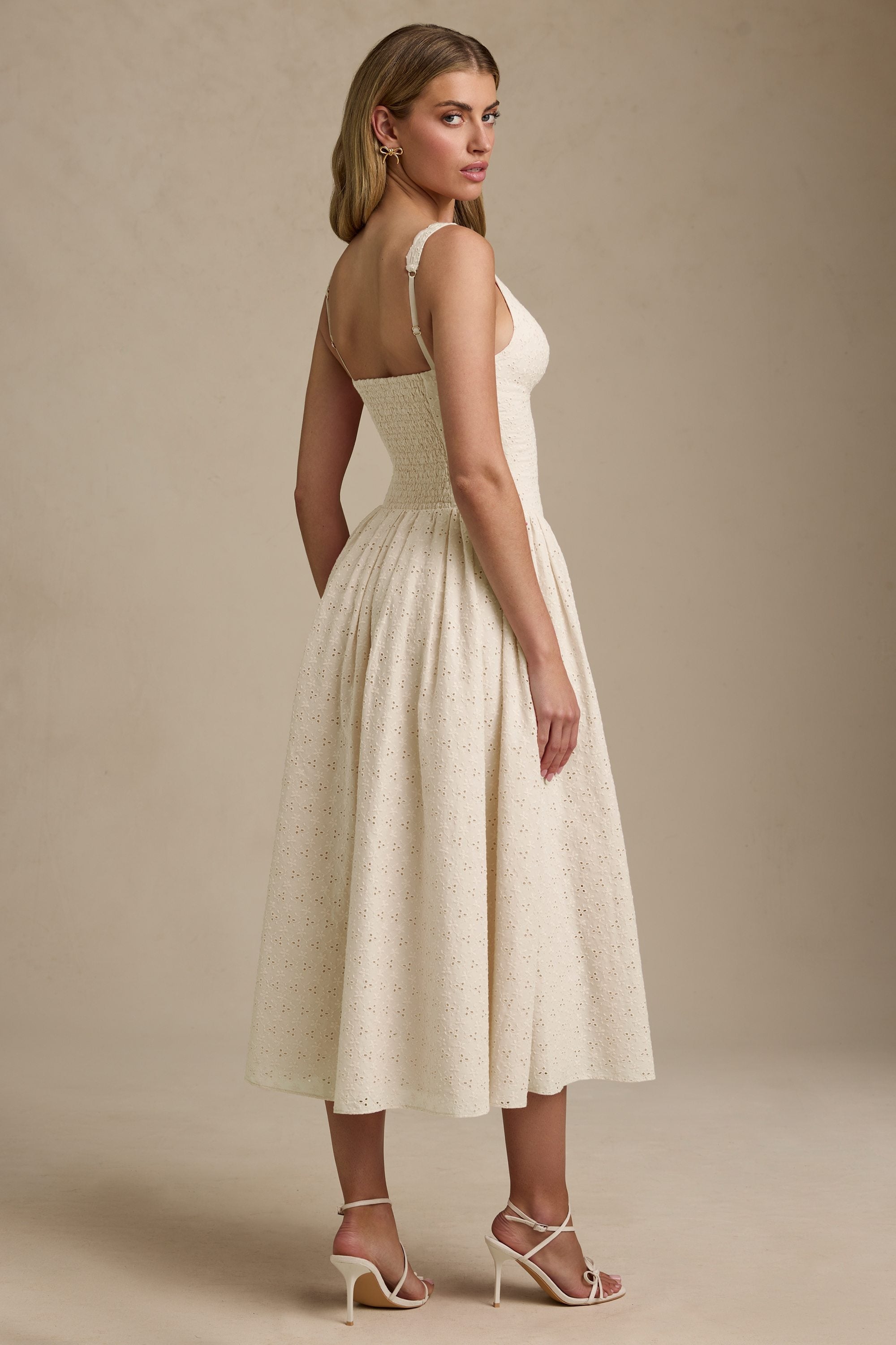 Broderie Anglaise Bow-Detail A-Line Midaxi Dress in Ivory