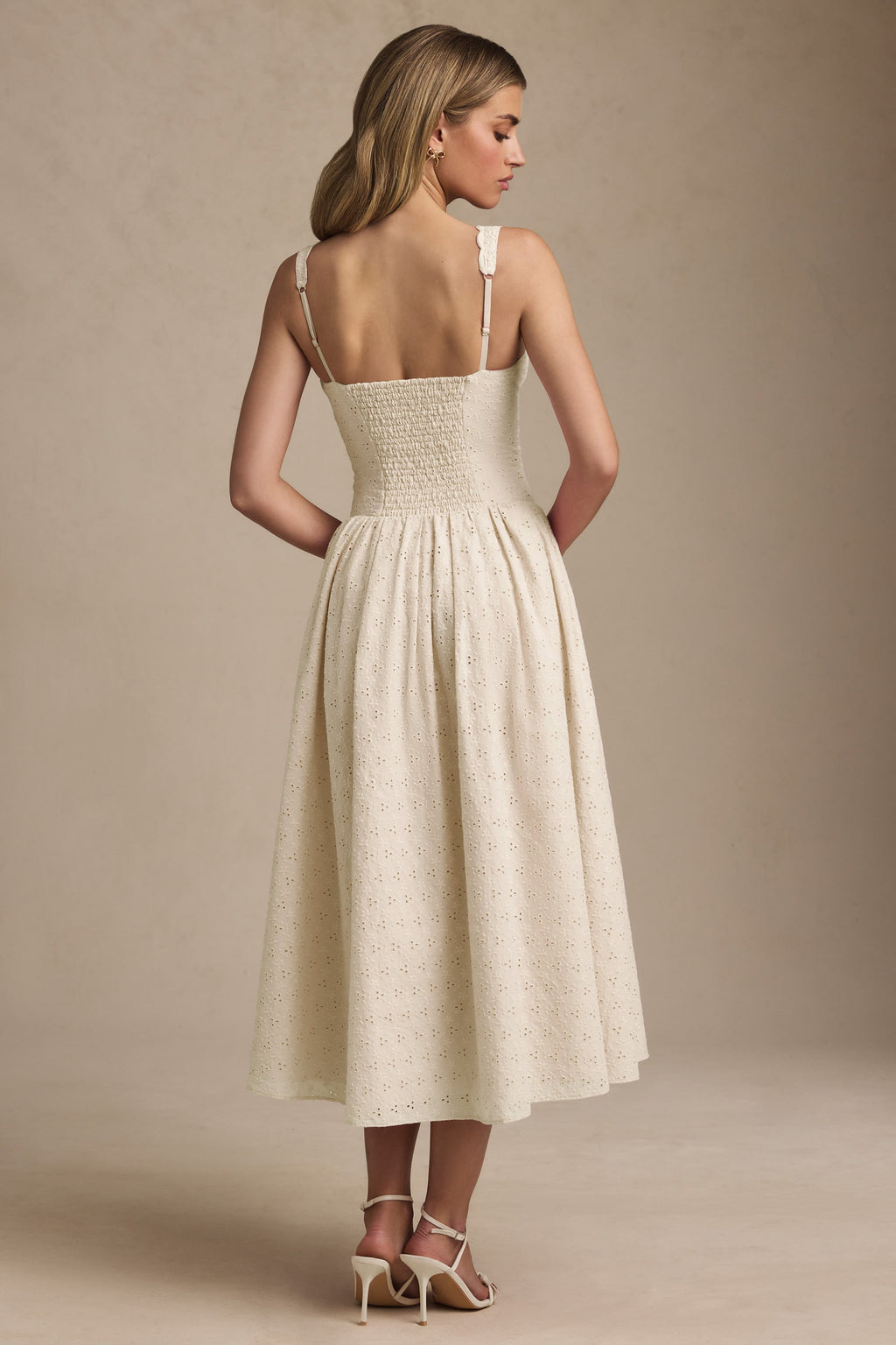 Broderie Anglaise Bow-Detail A-Line Midaxi Dress in Ivory