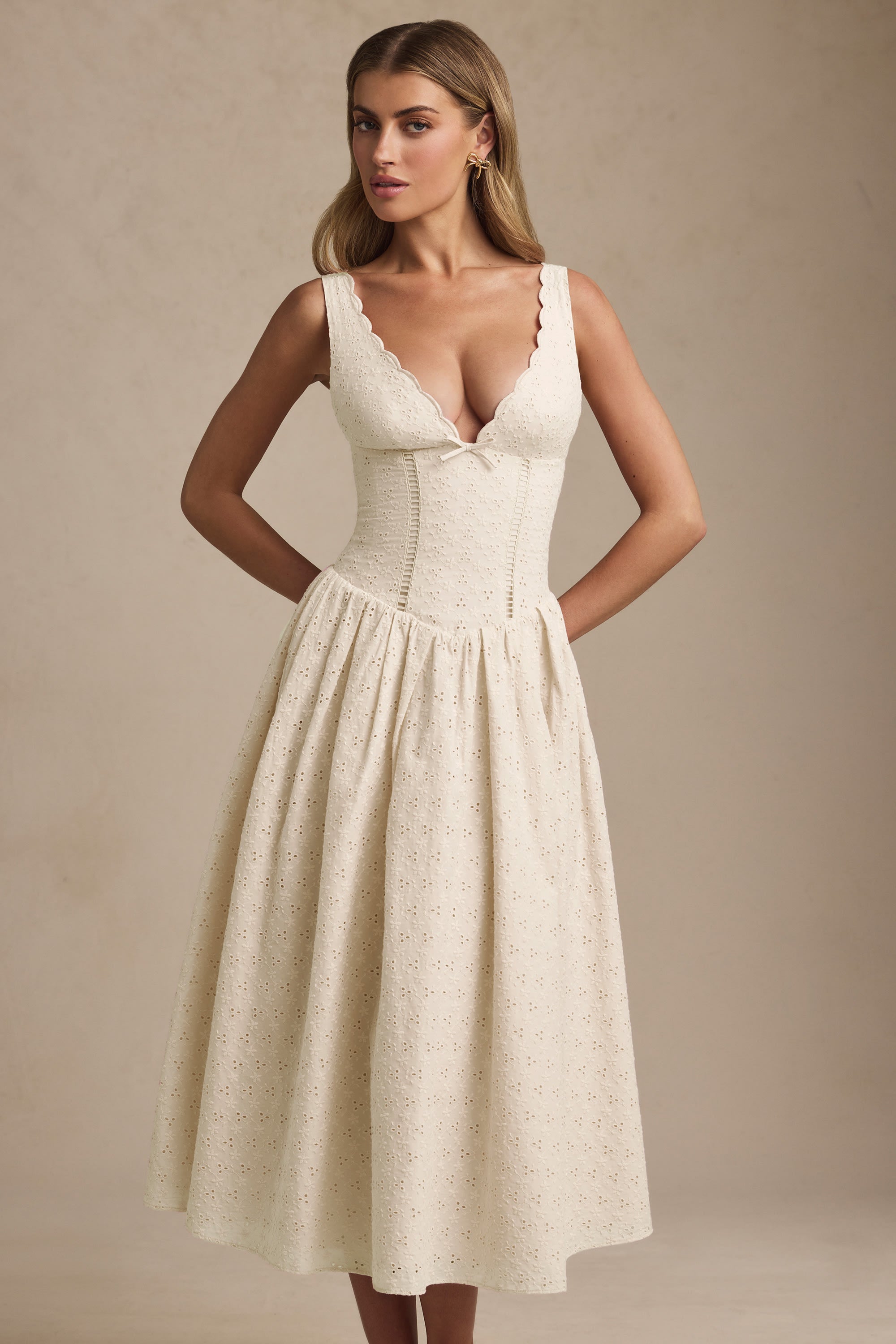 Broderie Anglaise Bow-Detail A-Line Midaxi Dress in Ivory