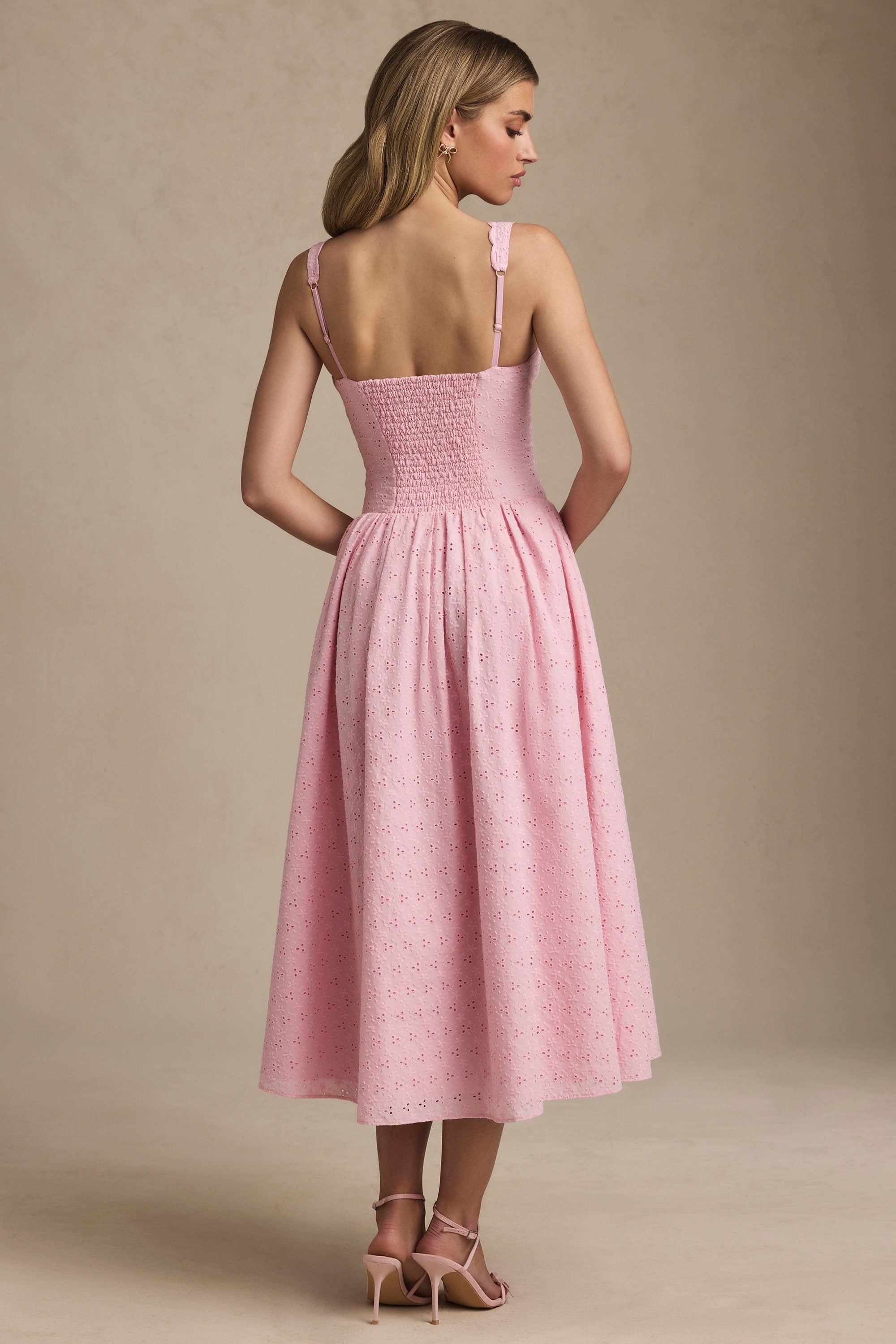 Broderie Anglaise Bow-Detail A-Line Midaxi Dress in Soft Pink