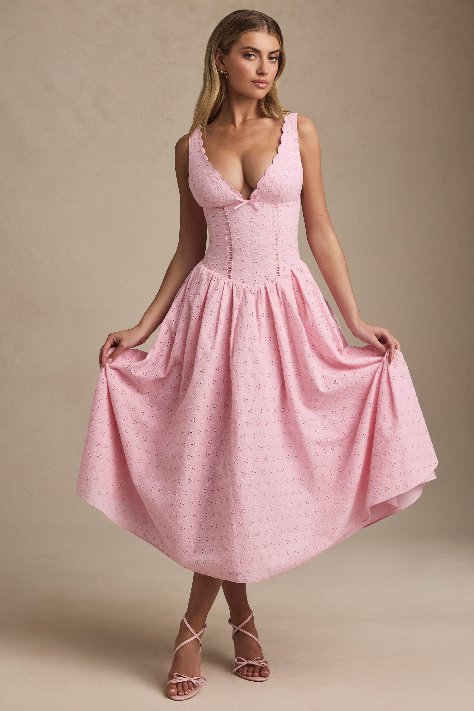 Broderie Anglaise Bow-Detail A-Line Midaxi Dress in Soft Pink