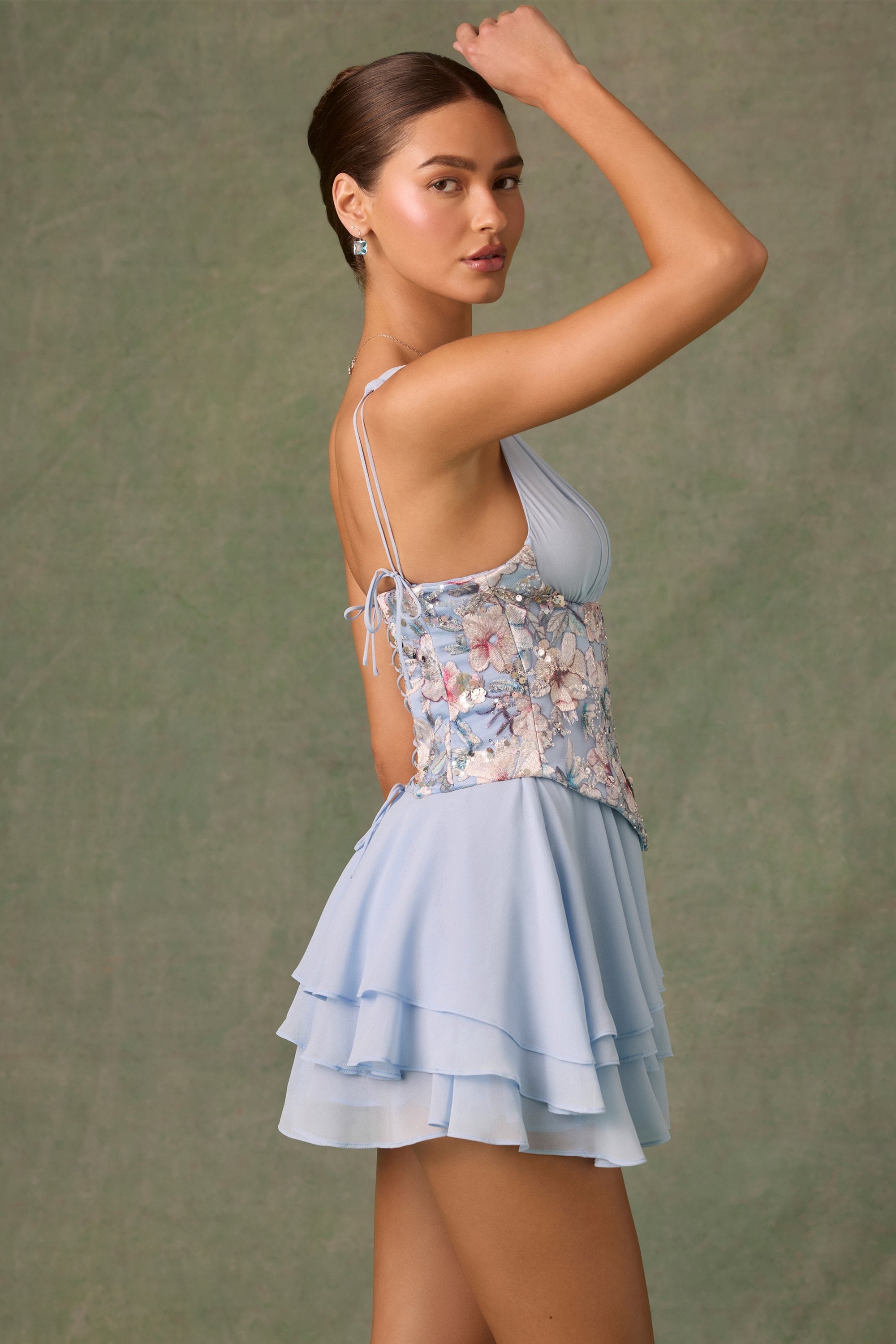 Embellished Ruffled Corset Mini Dress in Floral Blue