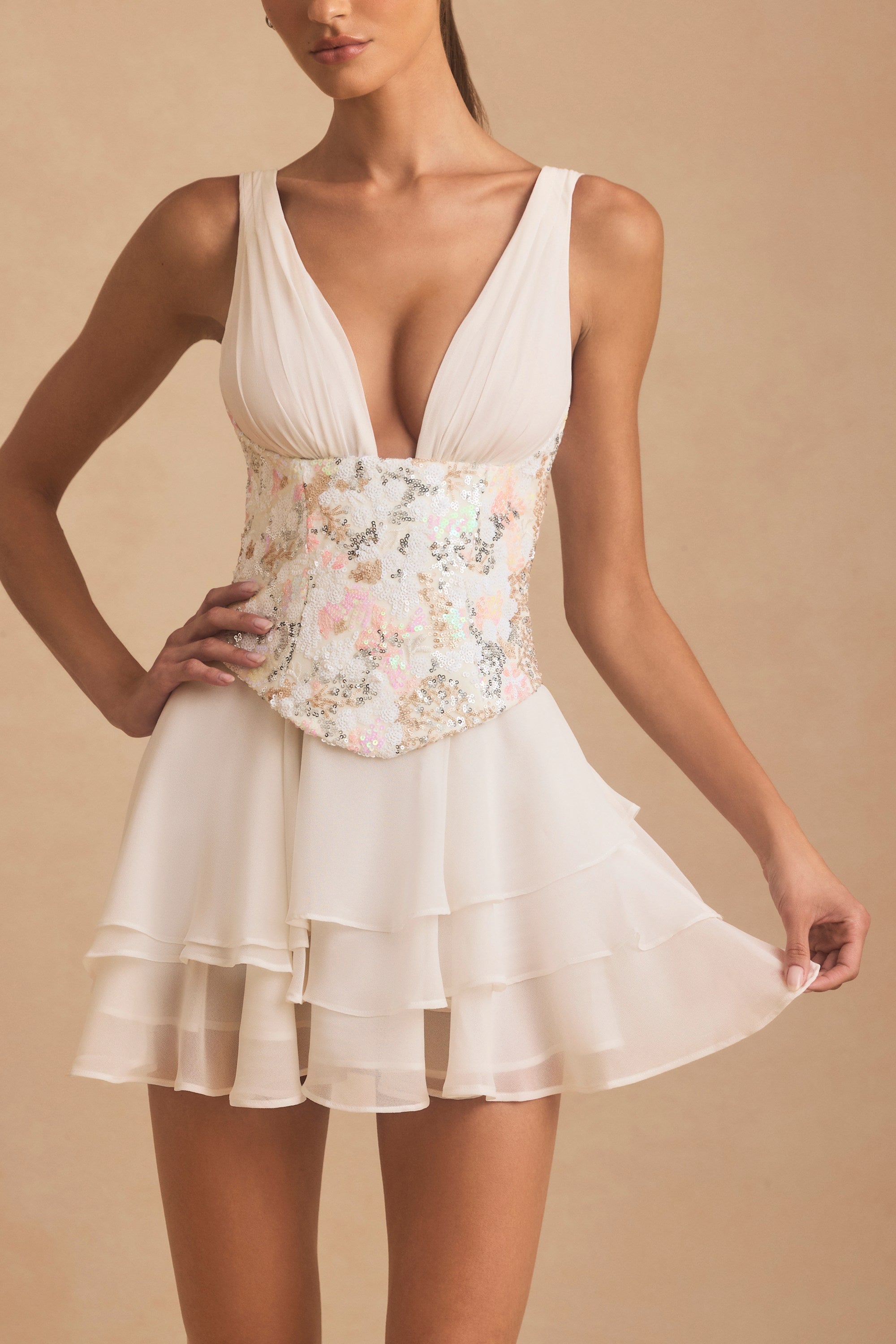 Embellished Ruffled Corset Mini Dress in Ivory