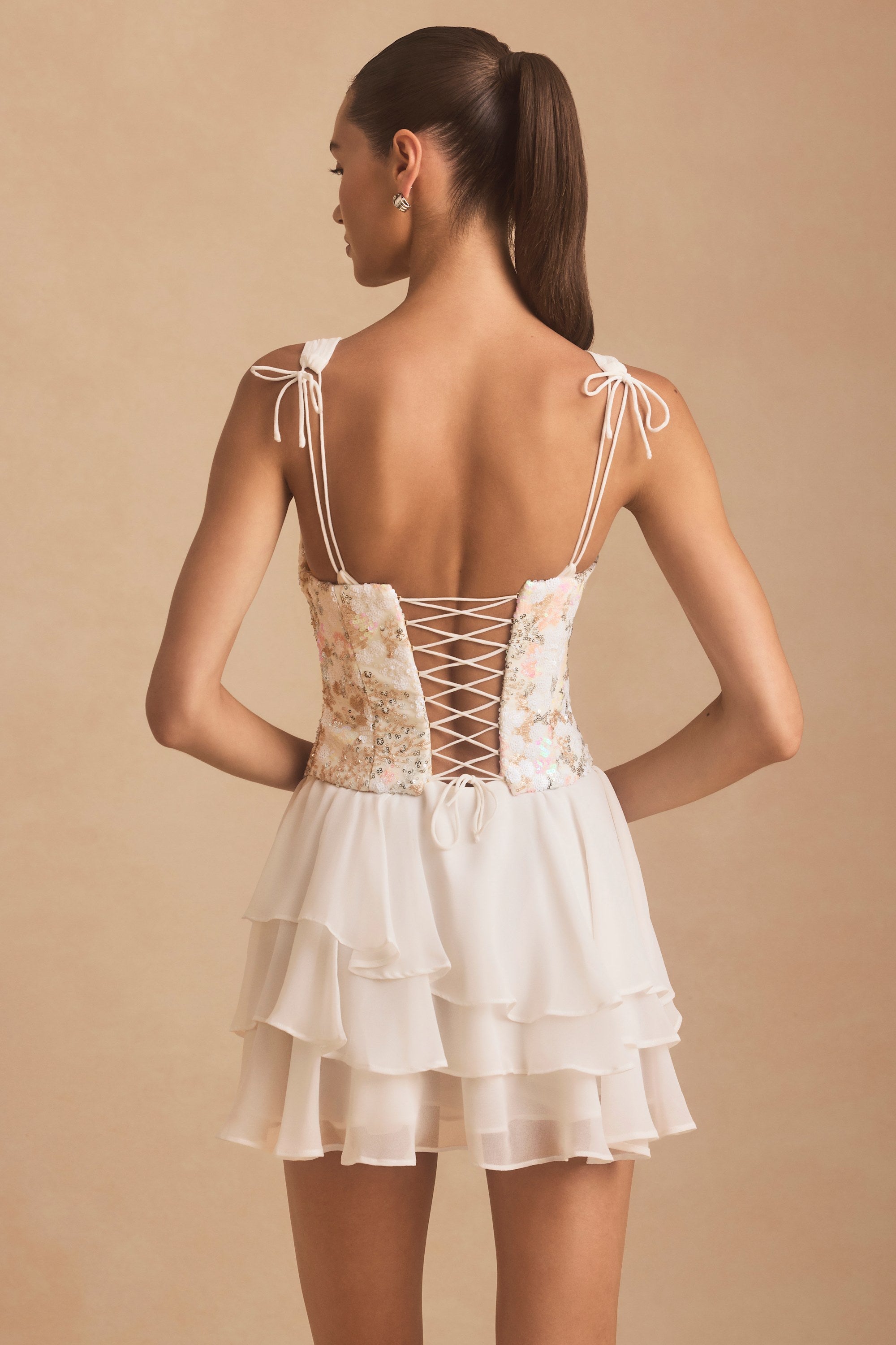 Embellished Ruffled Corset Mini Dress in Ivory
