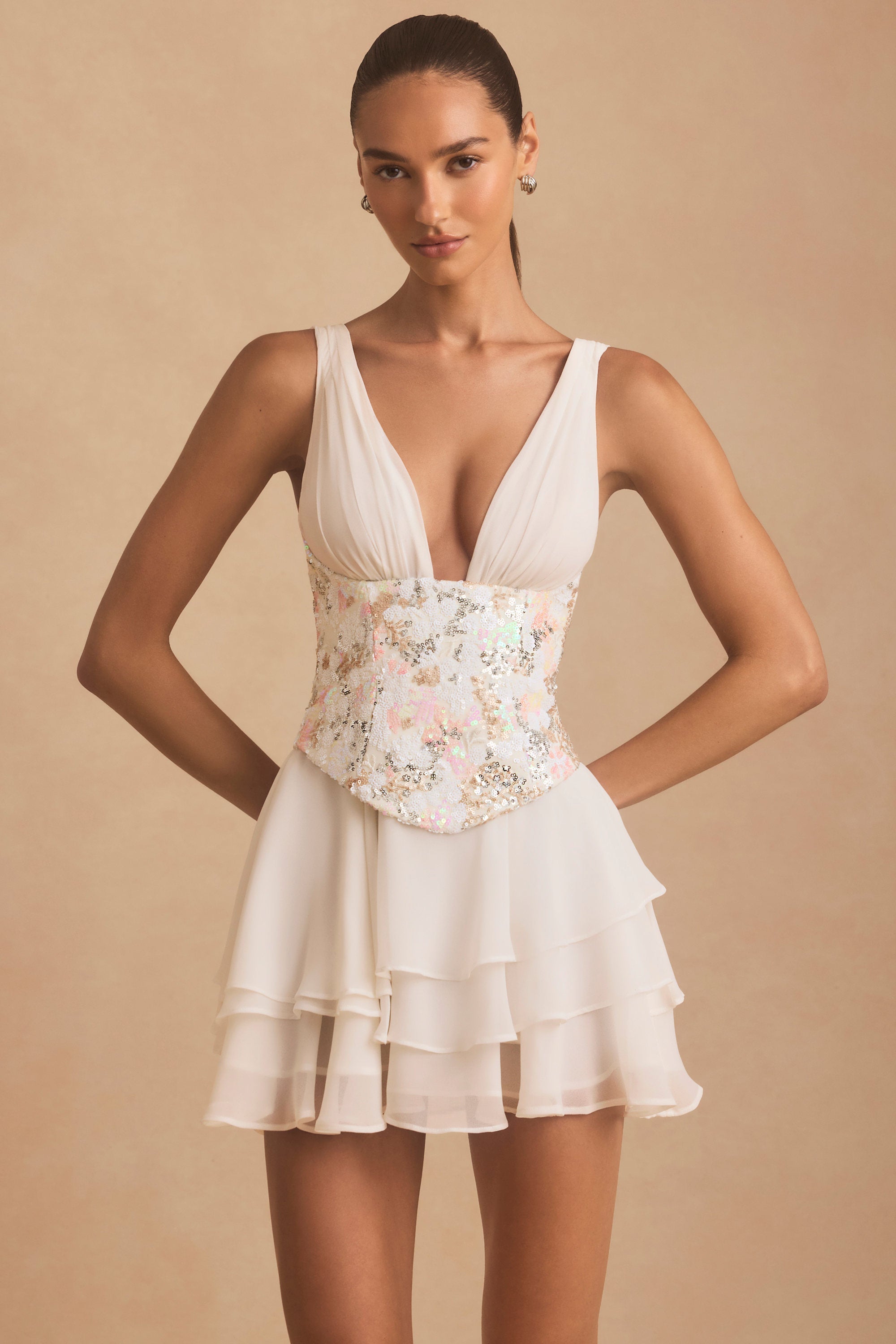 Embellished Ruffled Corset Mini Dress in Ivory