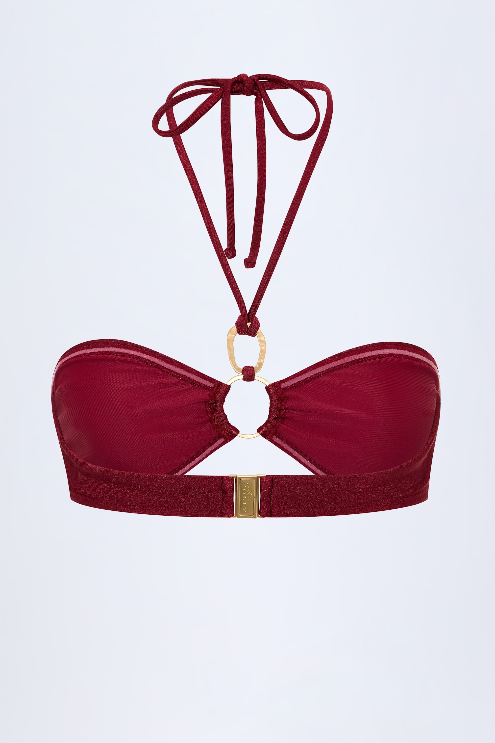 Hardware-Detail Ruched Halterneck Bikini Top in Dark Cherry