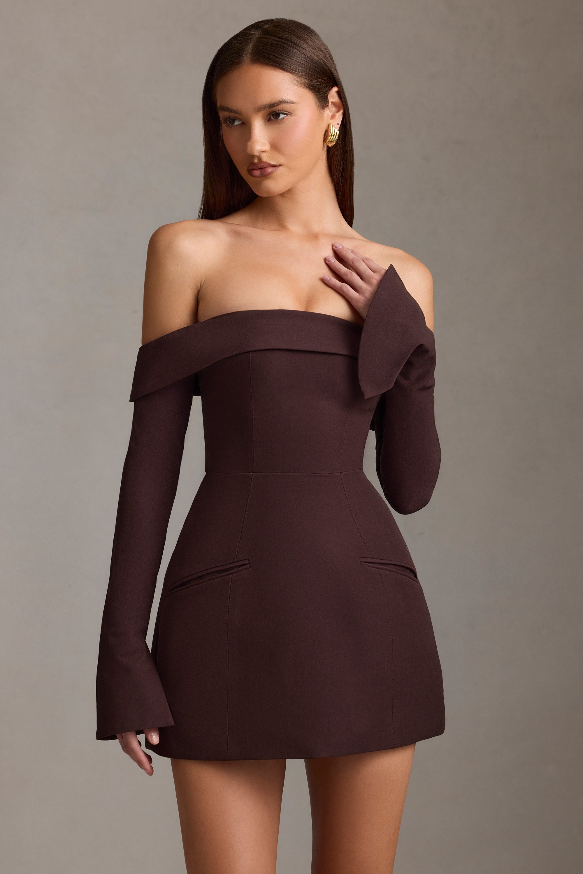 Off-Shoulder Structured A-Line Mini Dress in Chocolate Brown