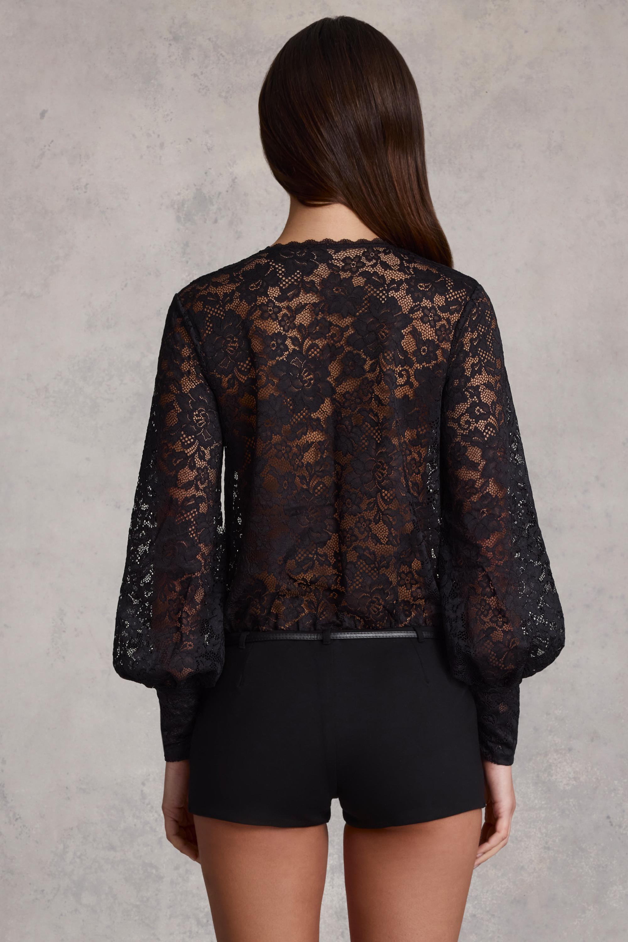 Plunge-Neck Lace Playsuit in Black