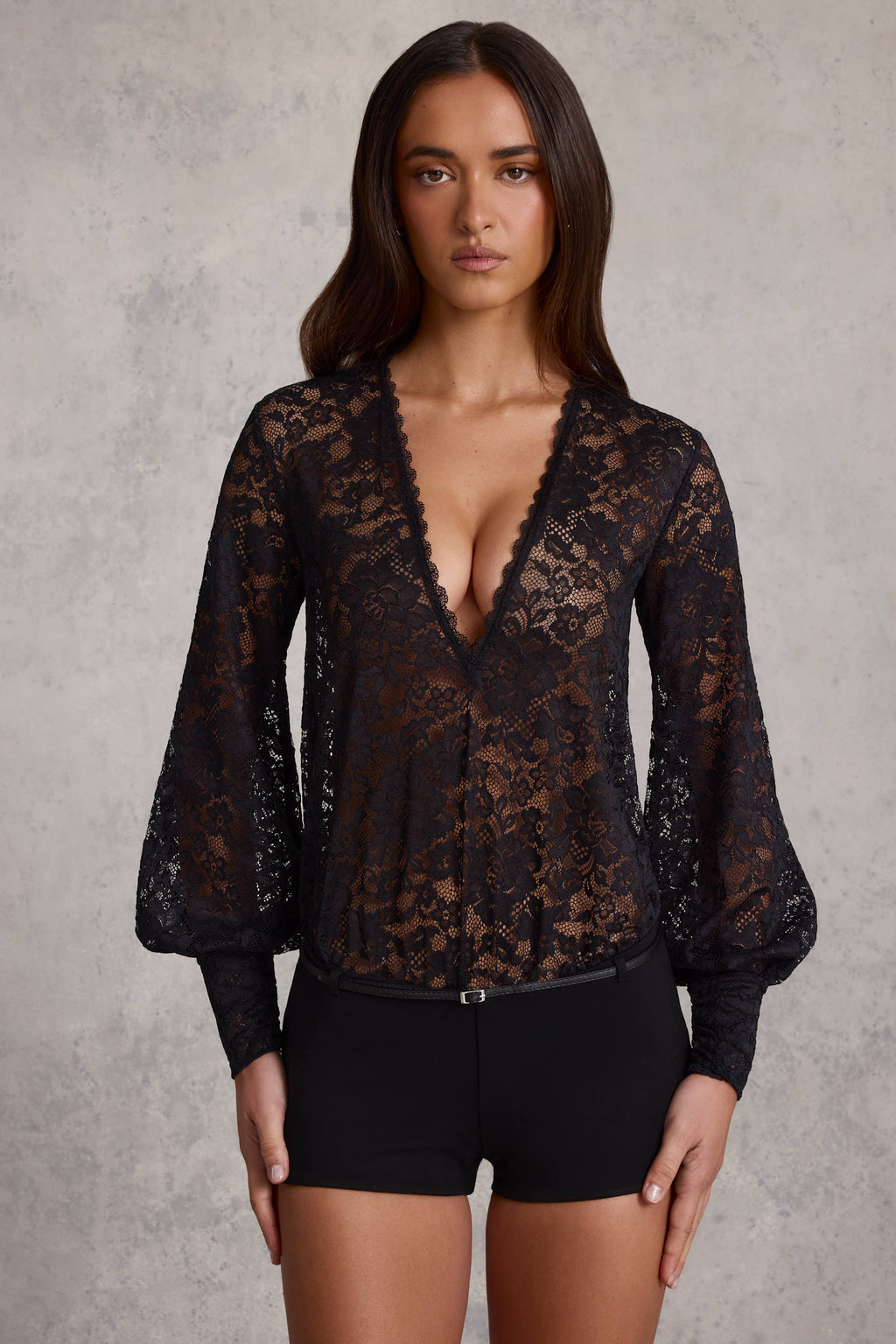 Plunge-Neck Lace Playsuit in Black