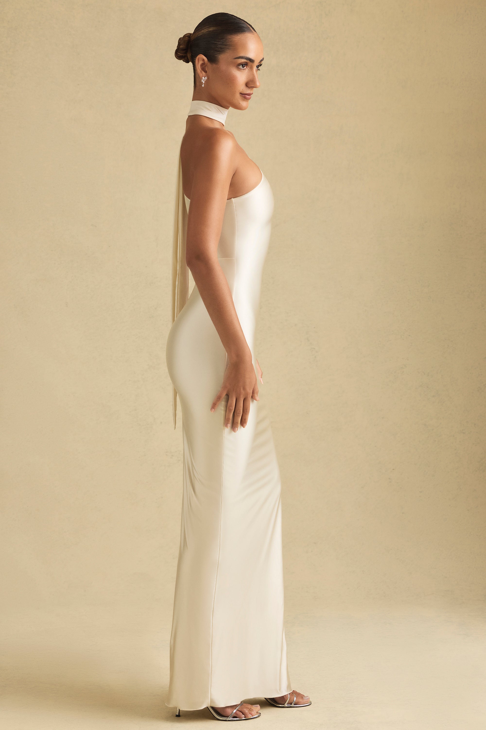 Asymmetric Scarf-Detail Maxi Dress in Ivory