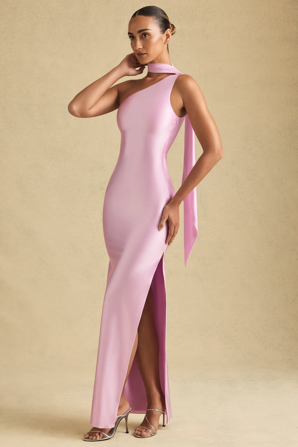 Asymmetric Scarf-Detail Maxi Dress in Soft Pink