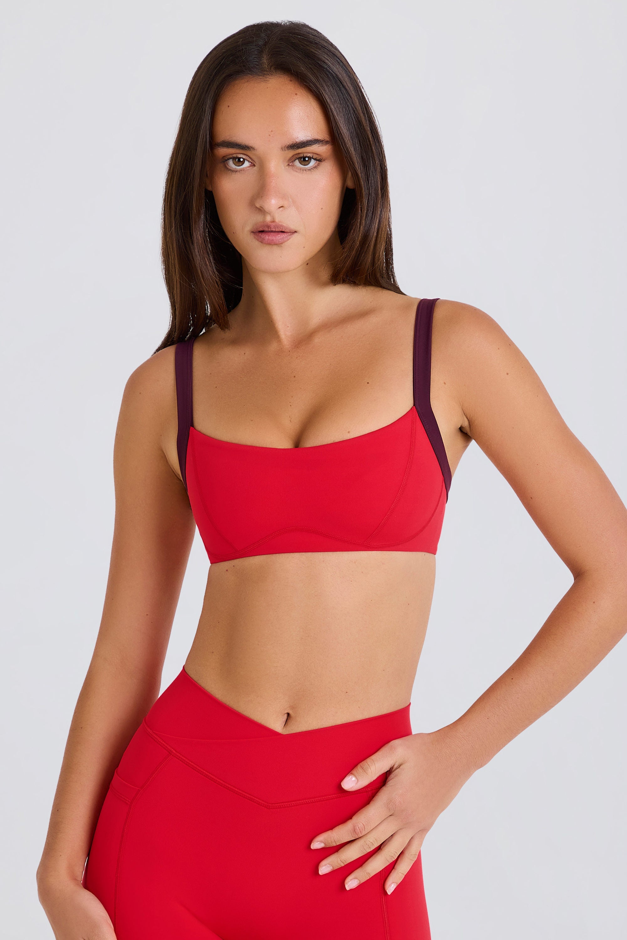 Soft Active Contrast-Trim Sports Bra in Strawberry Red