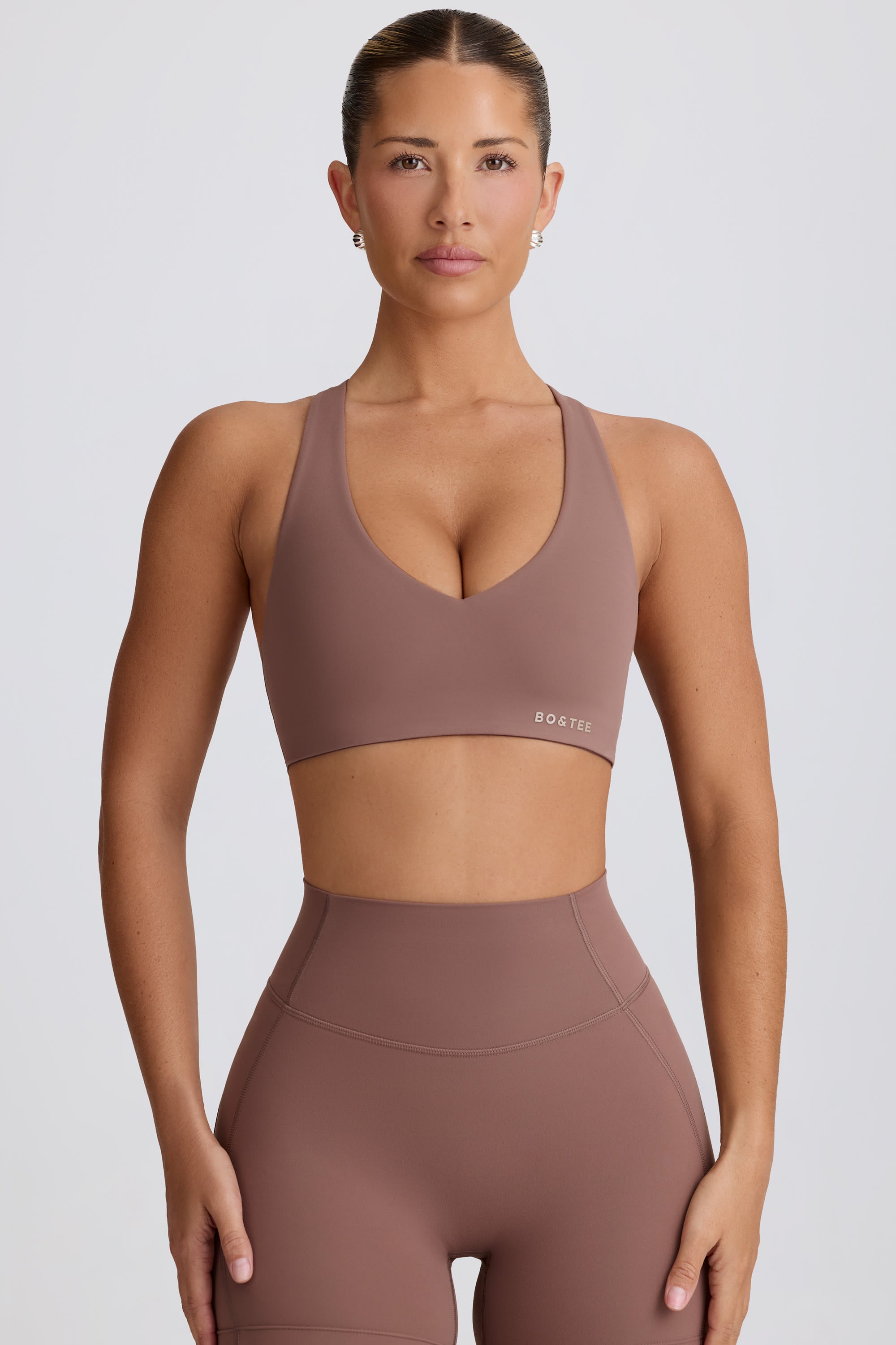 Soft Active V-Neck Sports Bra in Mocha