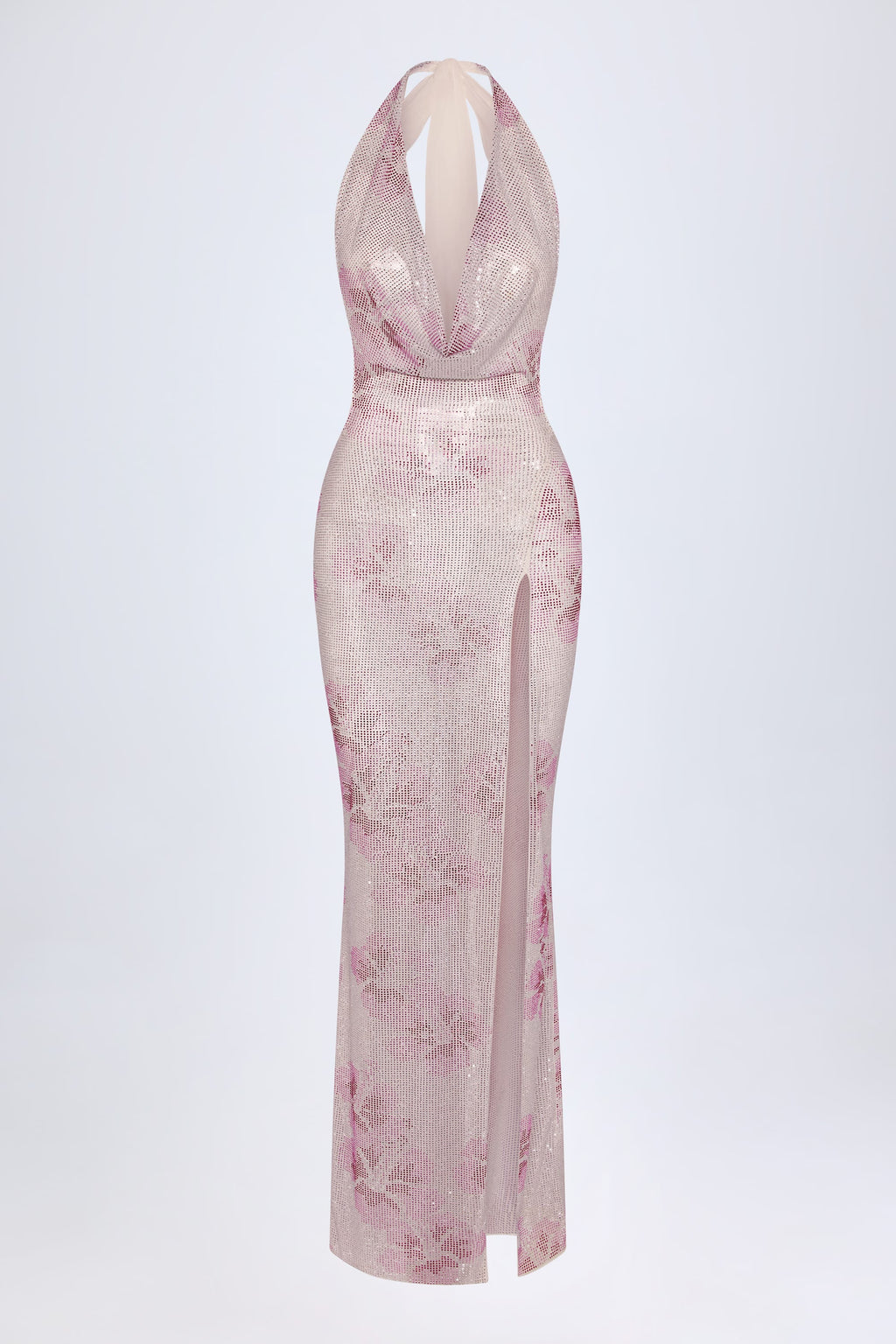 Embellished Cowl-Neck Maxi Dress in Pink White Hotfix