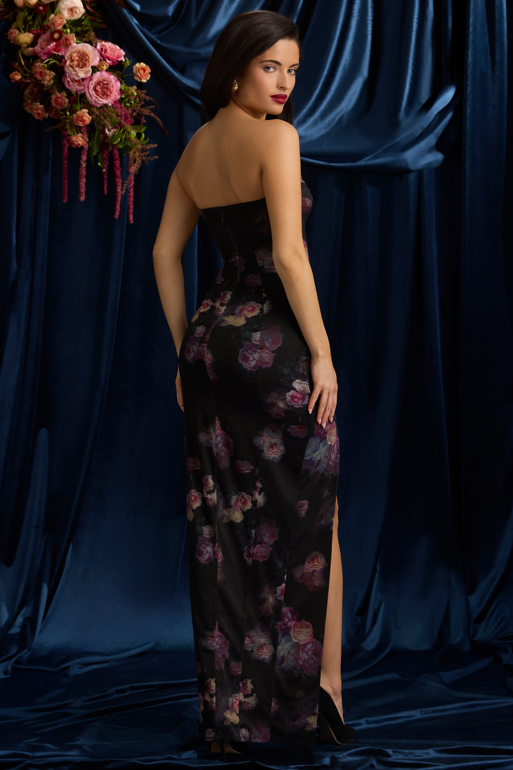 Bandeau Cowl-Neck Maxi Dress in Black Floral Print