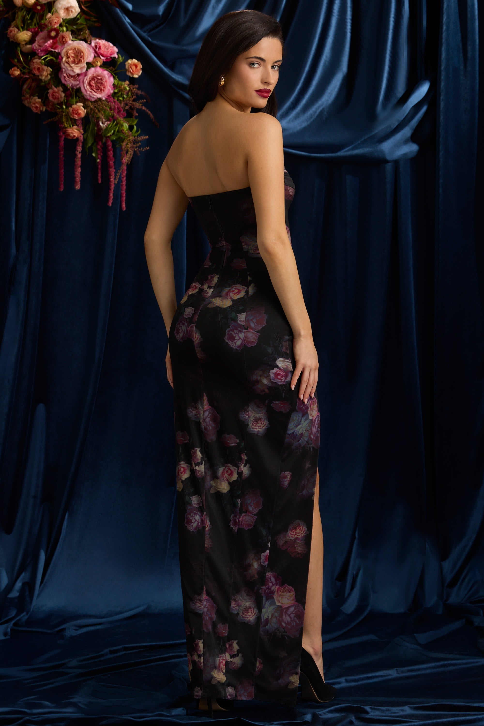 Bandeau Cowl-Neck Maxi Dress in Black Floral Print