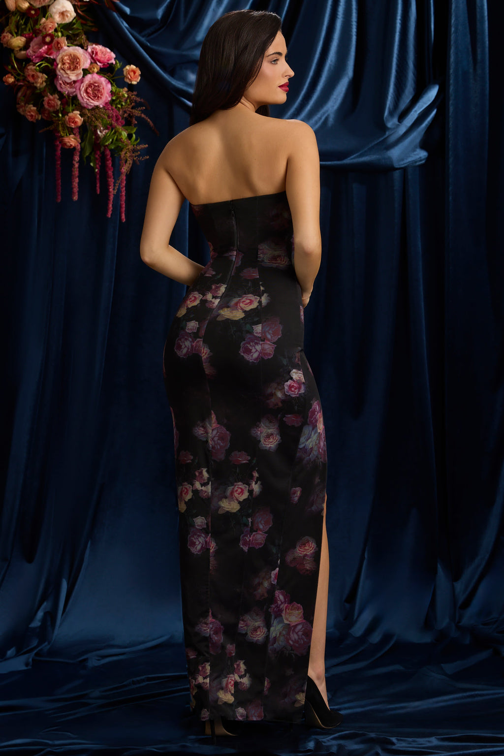 Bandeau Cowl-Neck Maxi Dress in Black Floral Print