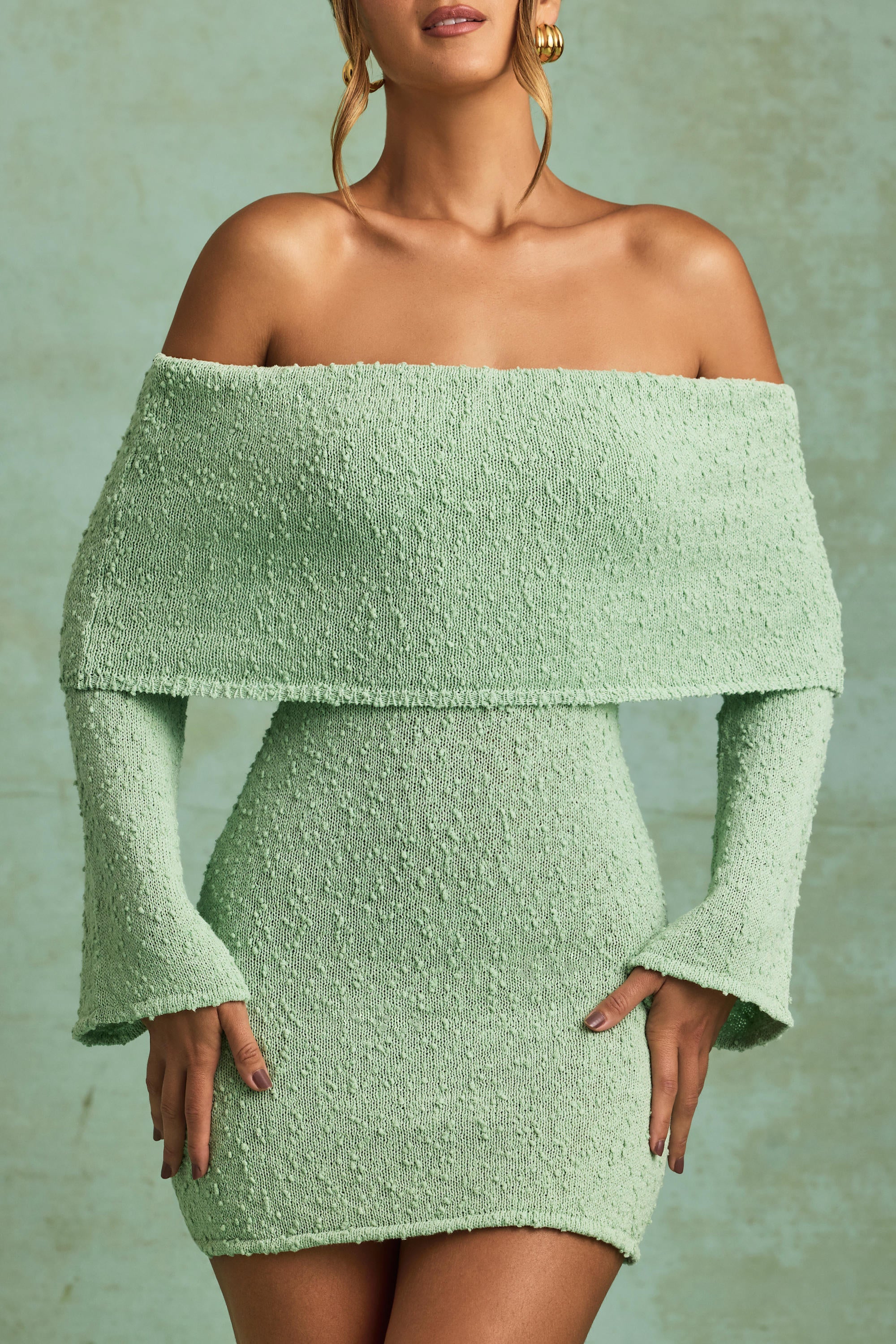 Bouclé Off-Shoulder Mini Dress in Mint