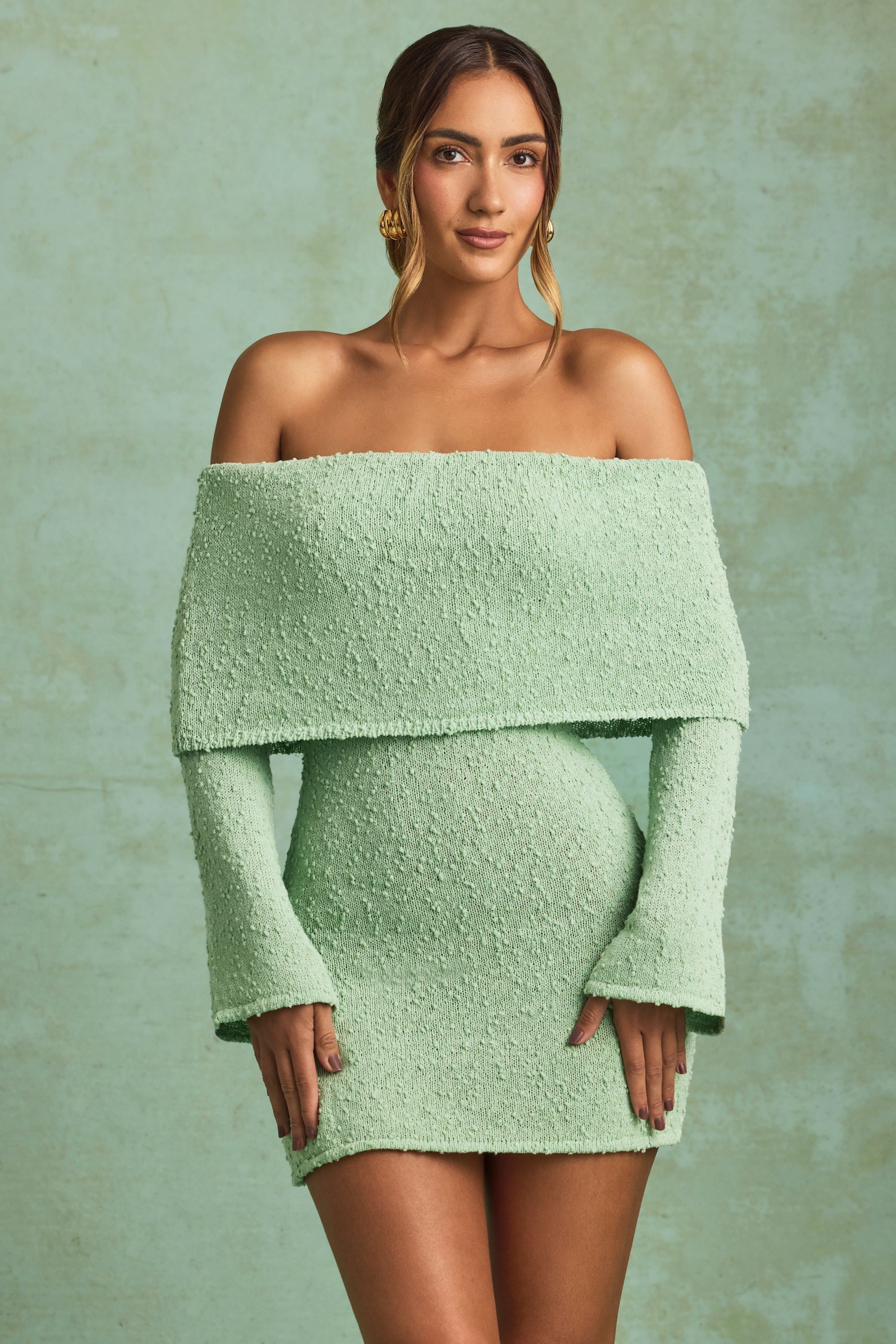 Bouclé Off-Shoulder Mini Dress in Mint