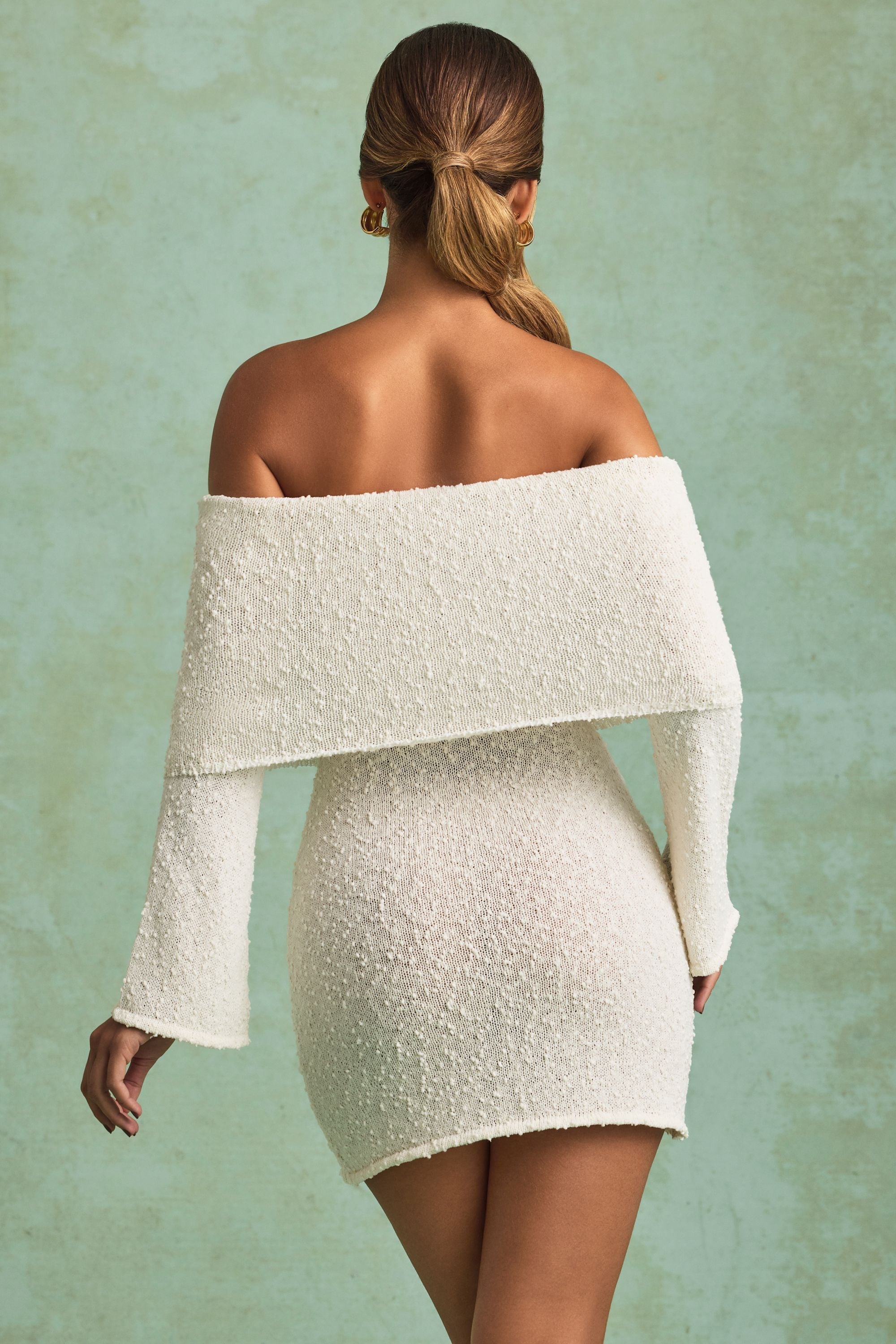 Bouclé Off-Shoulder Mini Dress in White