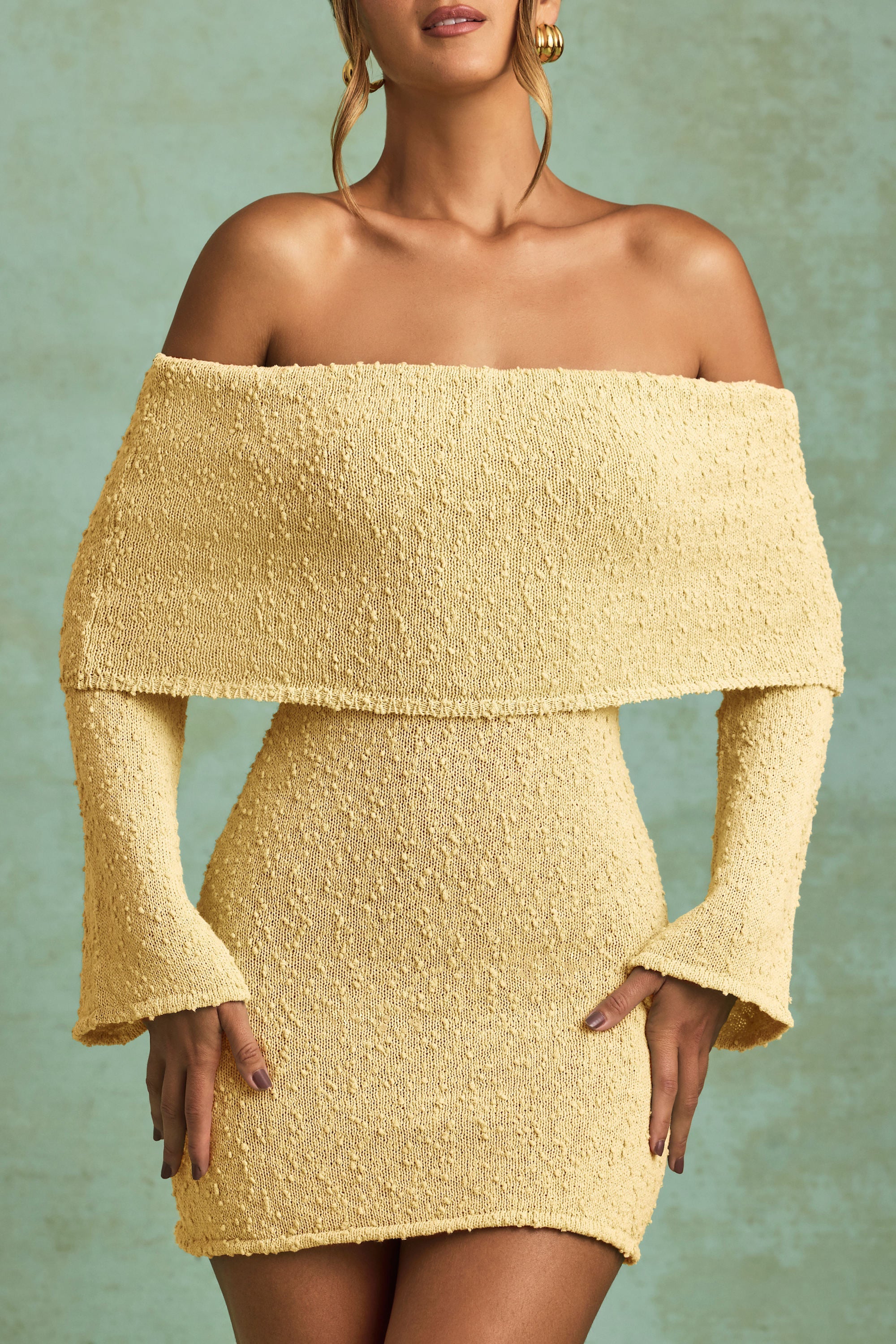 Bouclé Off-Shoulder Mini Dress in Yellow